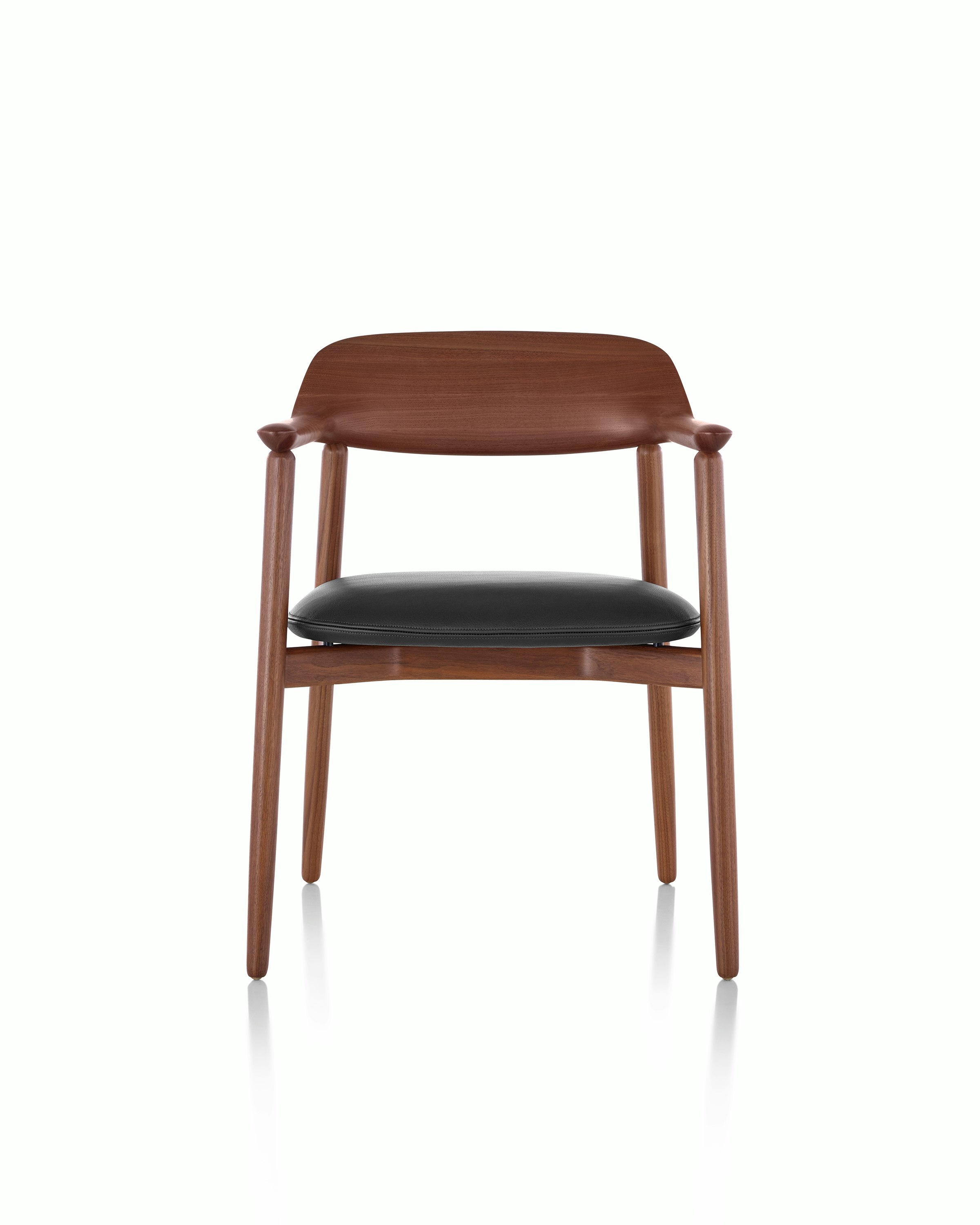 A Crosshatch Side Chair with a black leather seat pad and a wood frame in a medium finish, viewed from the front.