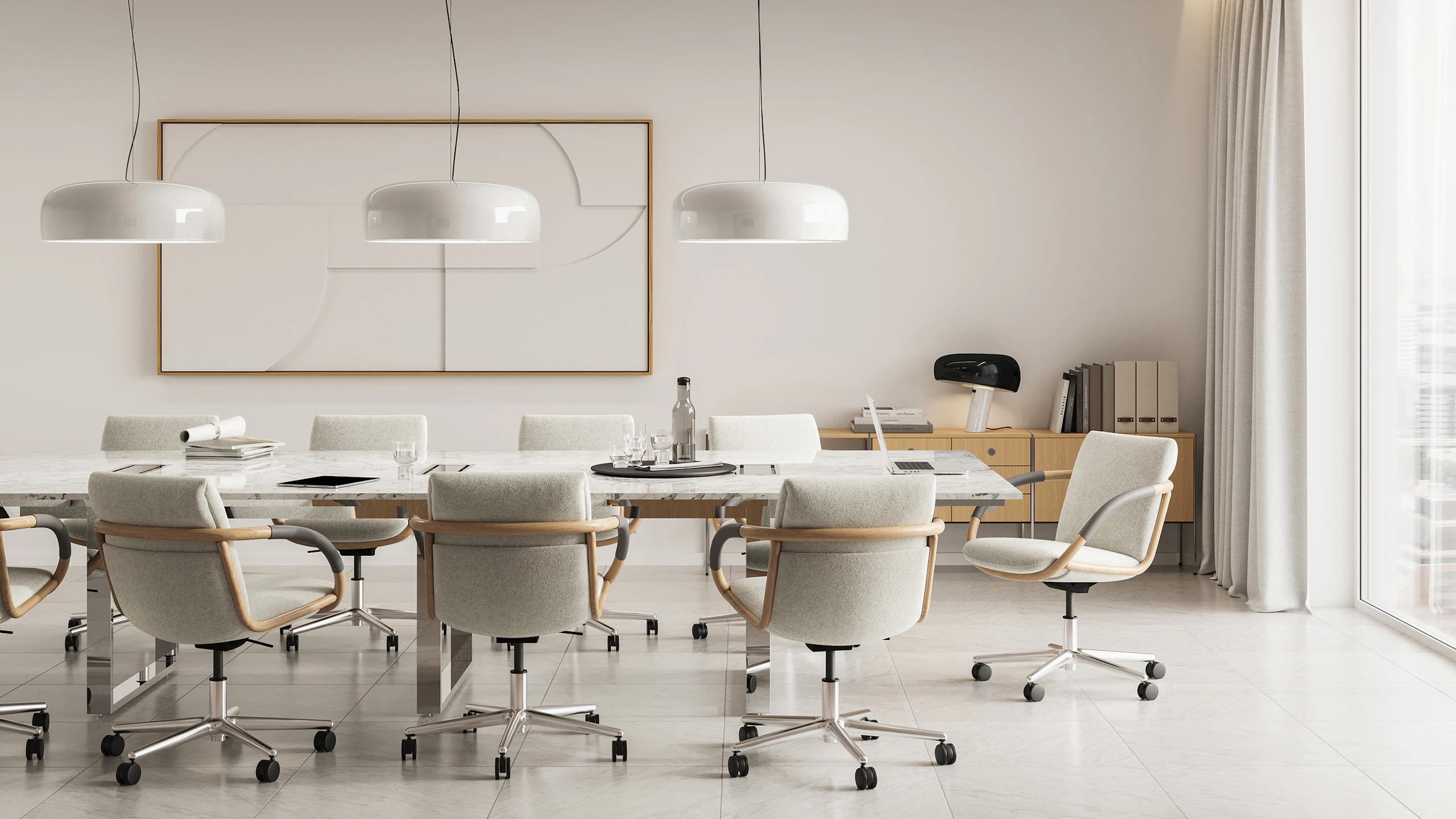 Full Loop Office Chairs around a Highline Conference Table in a conference room setting.
