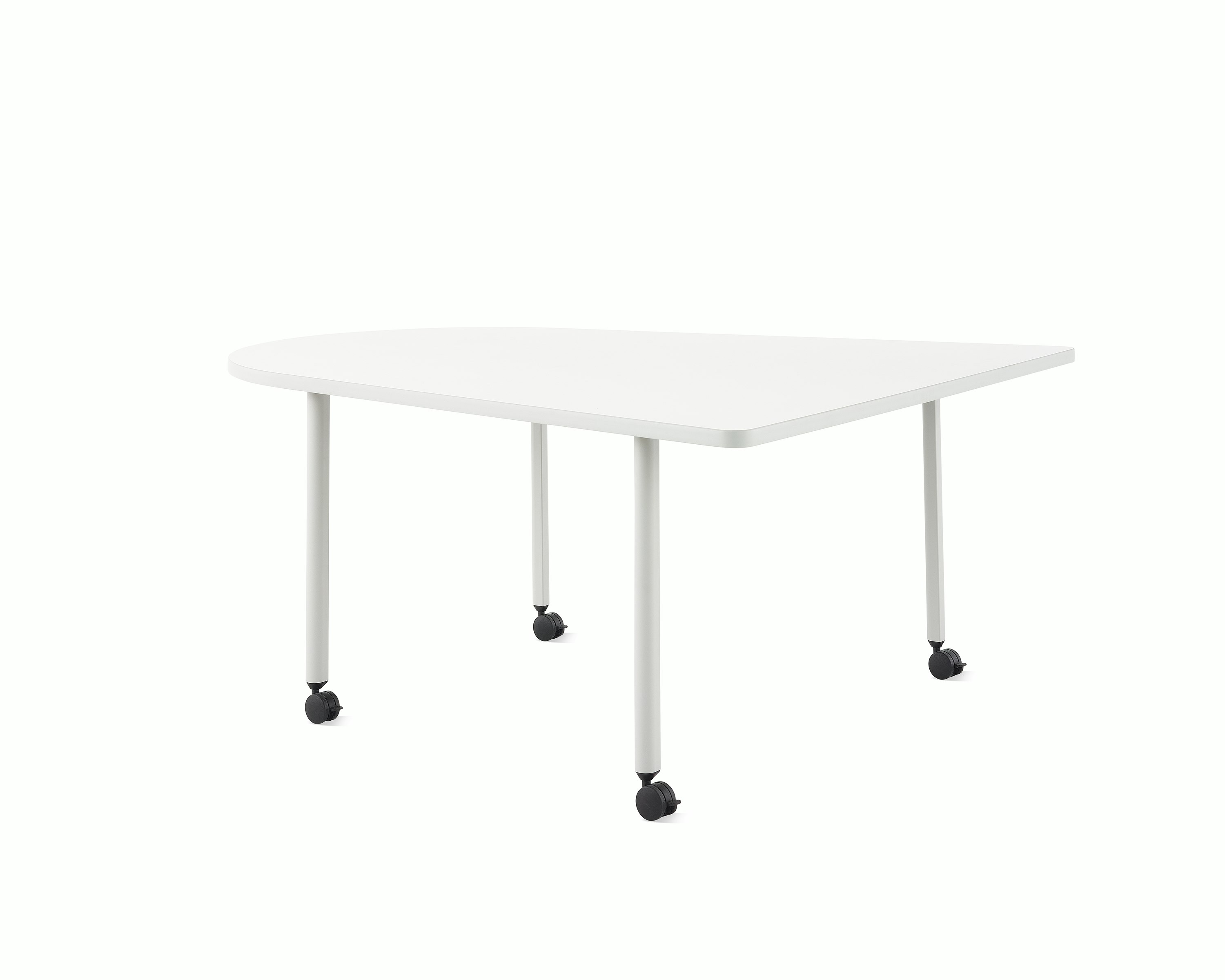 An OE1 Huddle Table with white surface and grey legs, viewed from an angle.