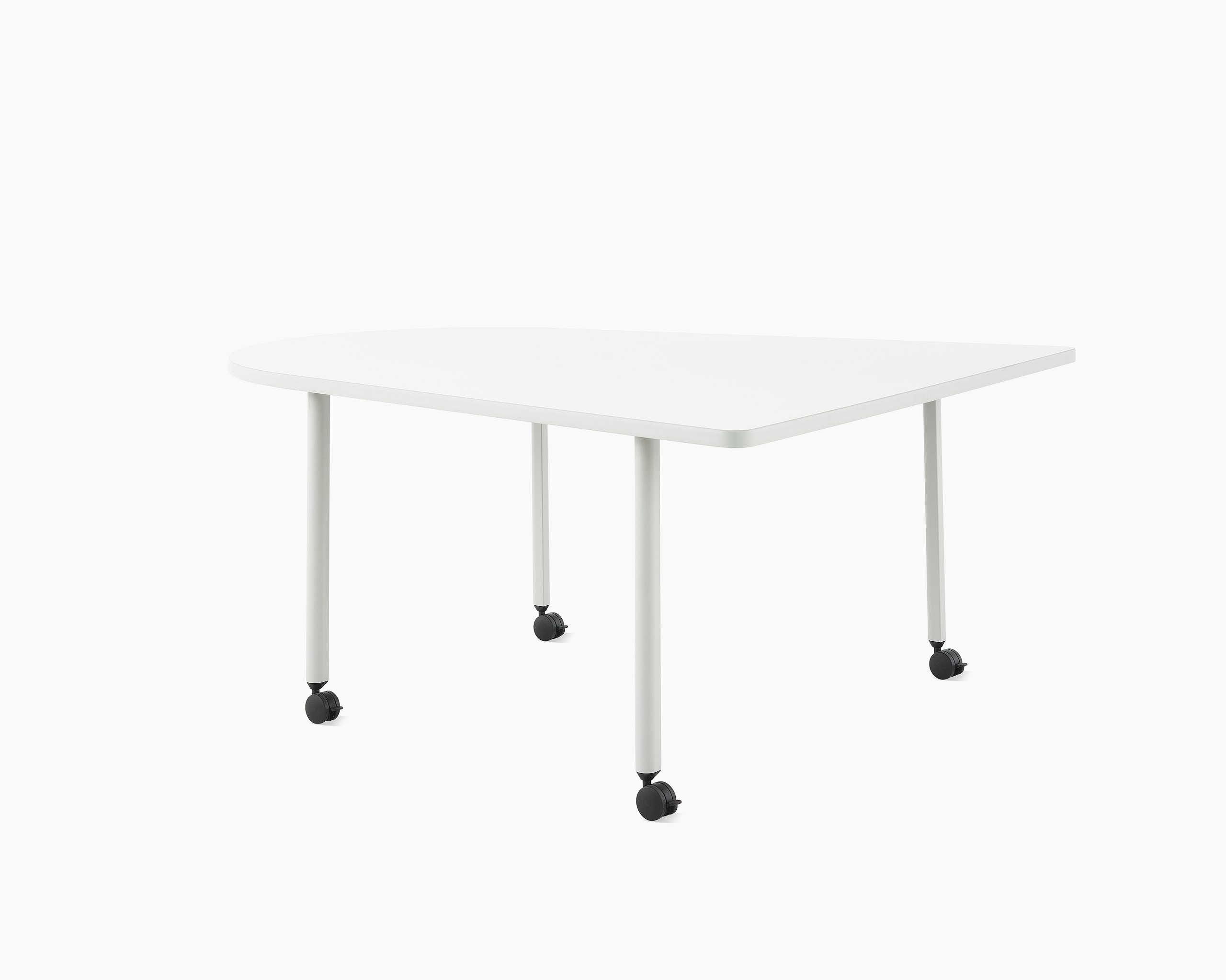 An OE1 Huddle Table with white surface and grey legs, viewed from an angle.