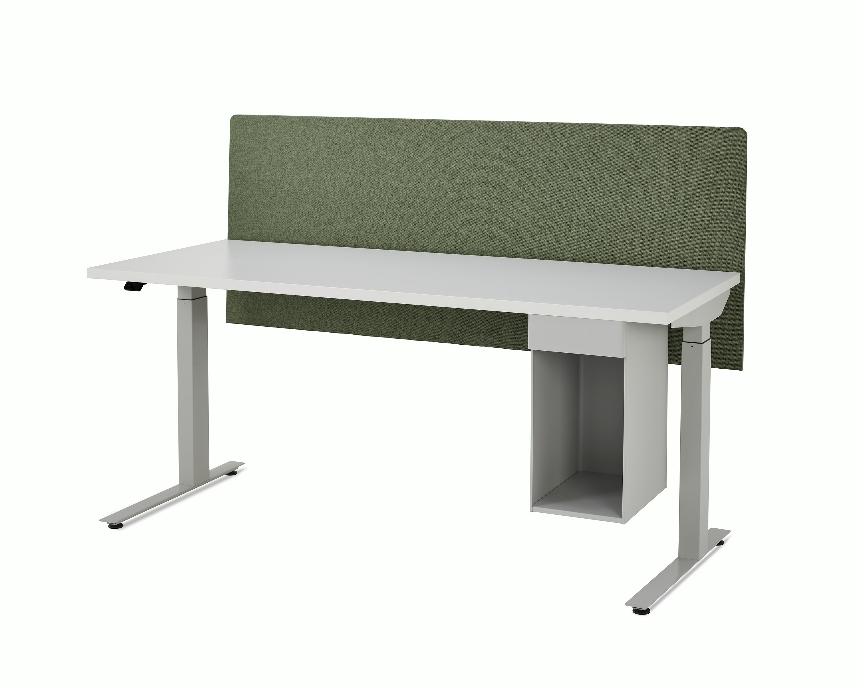 Large, grey metal suspended storage attached to bottom of laminate worksurface of height adjustable table with one sided olive fabric screen.