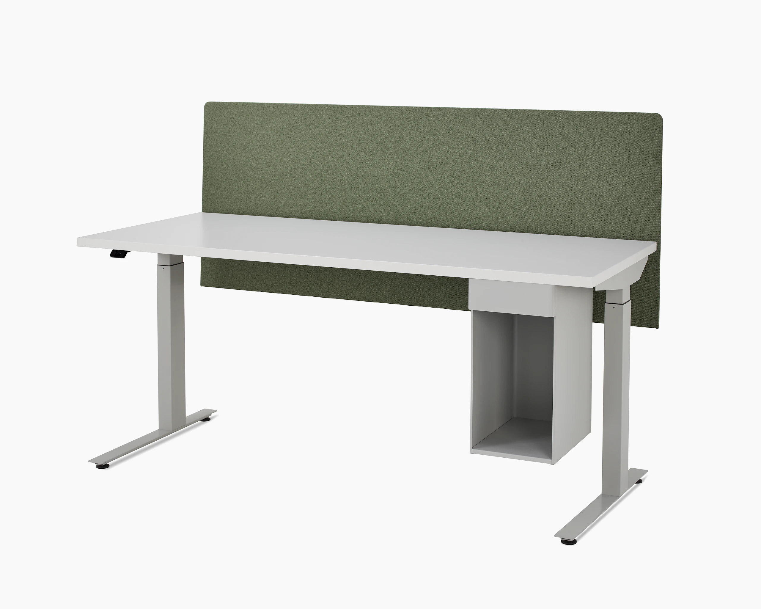 Large, grey metal suspended storage attached to bottom of laminate worksurface of height adjustable table with one sided olive fabric screen.