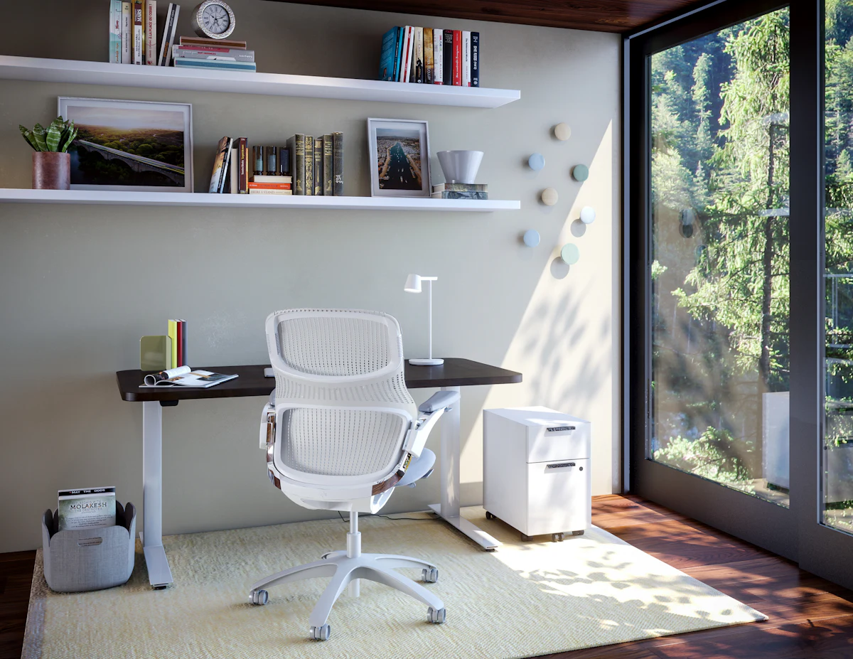 Modern office with wooden table, lime green chairs, and a large monitor on the wall