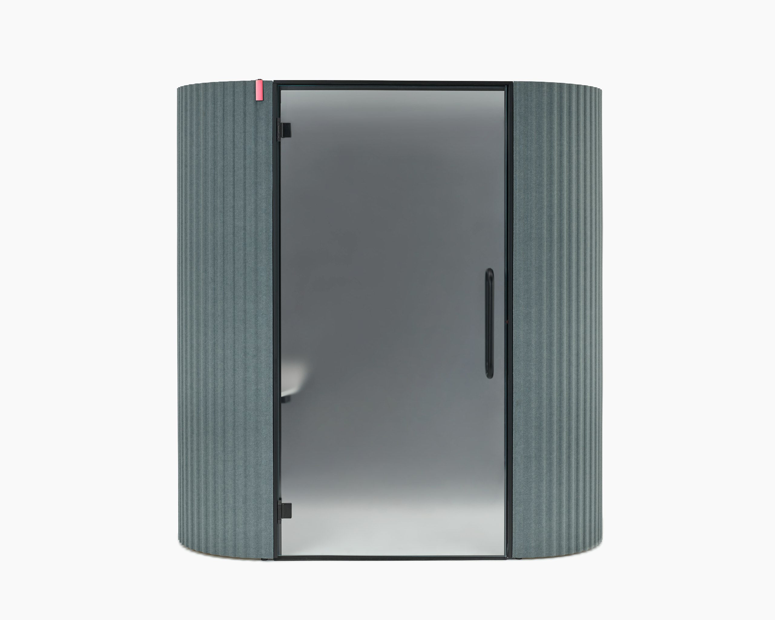 A front view of a Bay Work Pod Pro with a frosted door and a lit occupancy indicator.