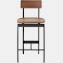 An walnut counter height Betwixt Stool with a black frame.
