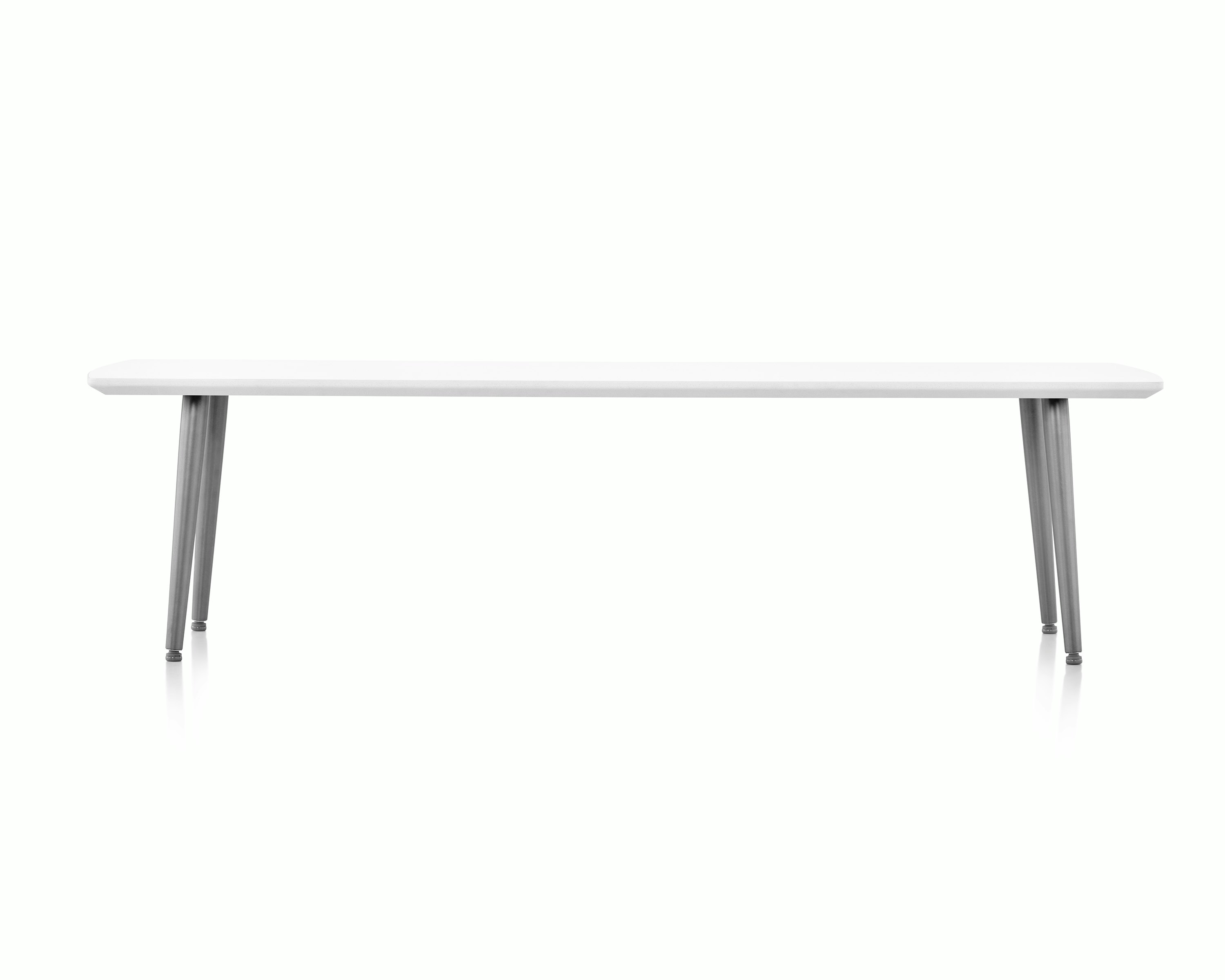 Palisade Occasional Table with metal legs and solid surface top on white sweep.