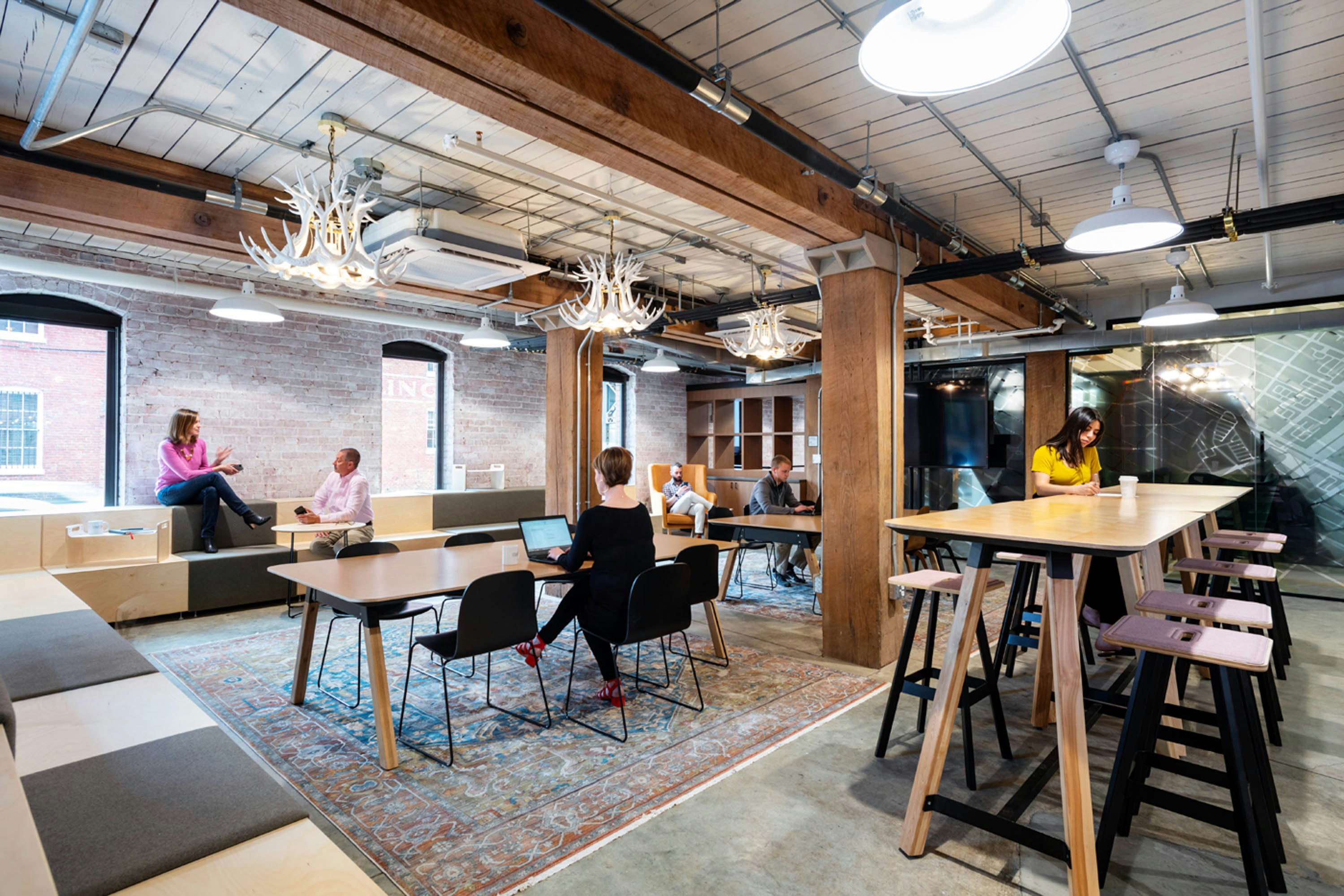 rockwell unscripted sawhorse table tall table easy stools steps coworking space touchdown space