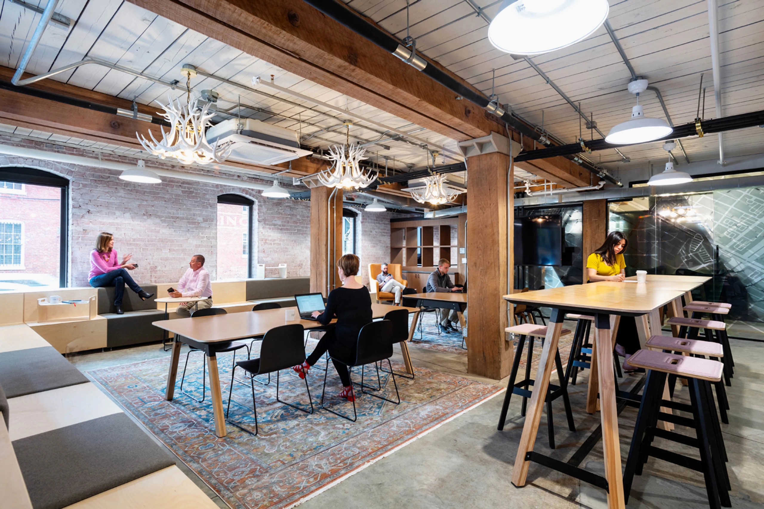 rockwell unscripted sawhorse table tall table easy stools steps coworking space touchdown space