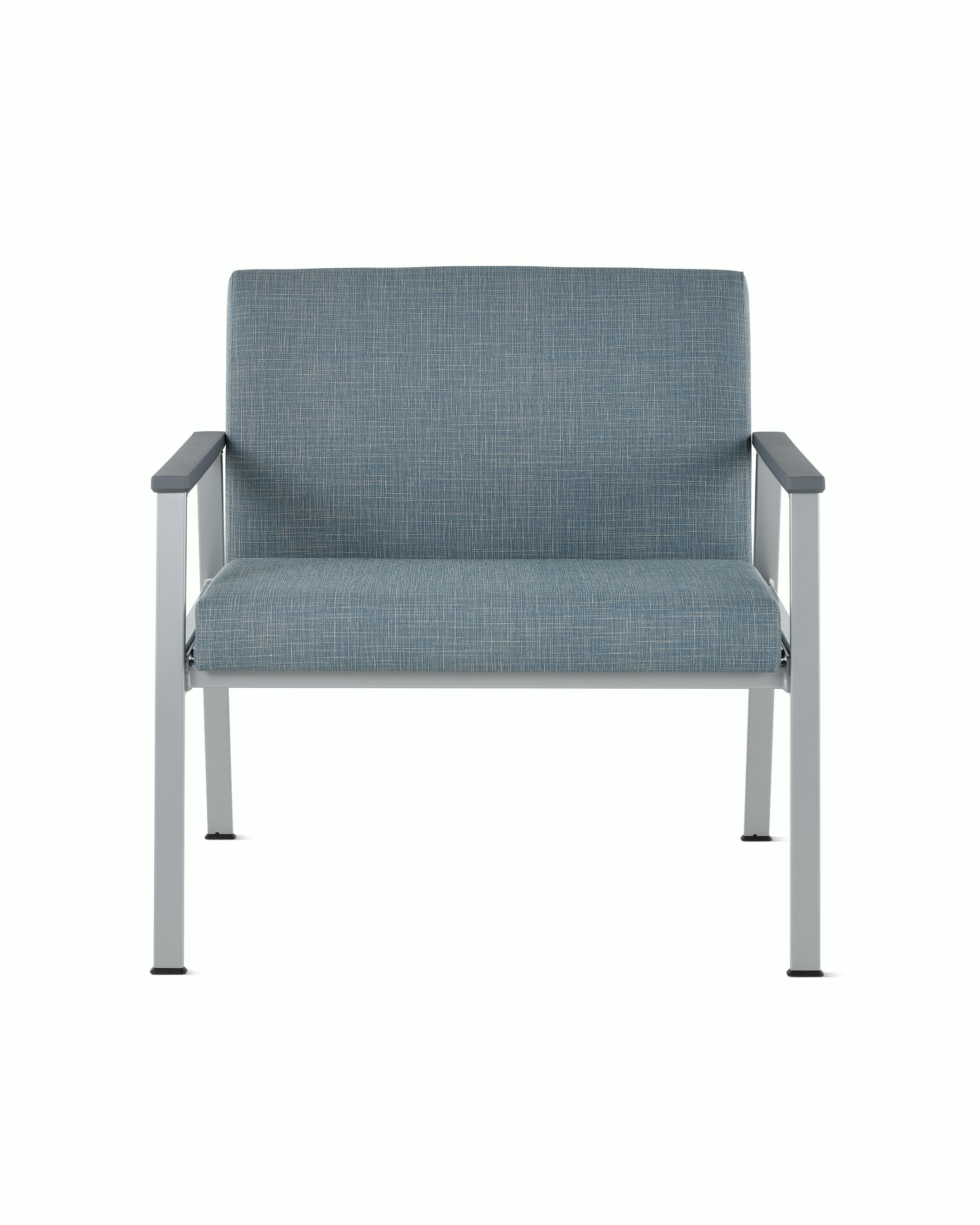 Front view of an Easton Plus Chair with blue upholstery, metallic four leg base and slate grey arm caps.