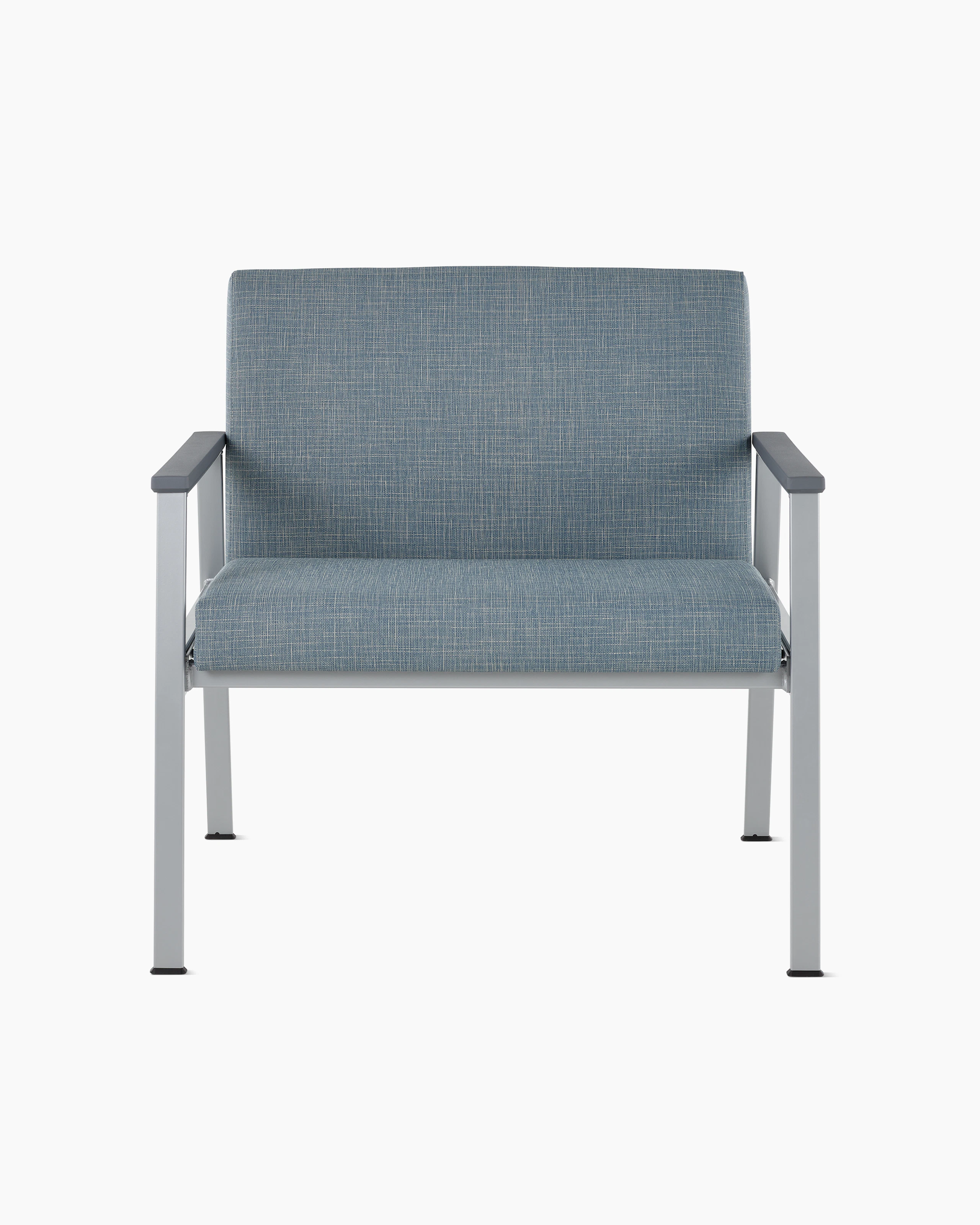 Front view of an Easton Plus Chair with blue upholstery, metallic four leg base and slate grey arm caps.