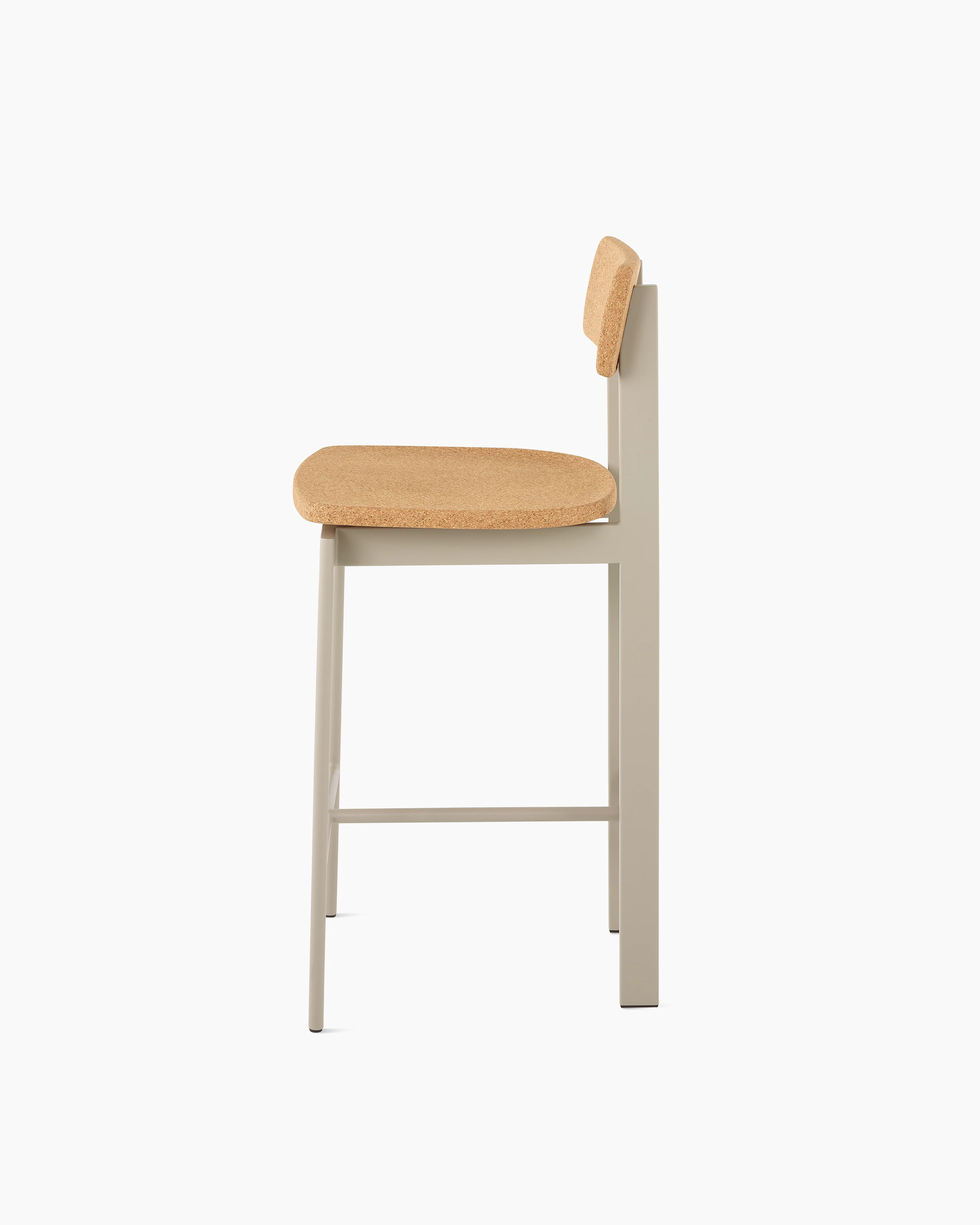A counter height Betwixt Stool with cork seat and backrest, with a grey frame.