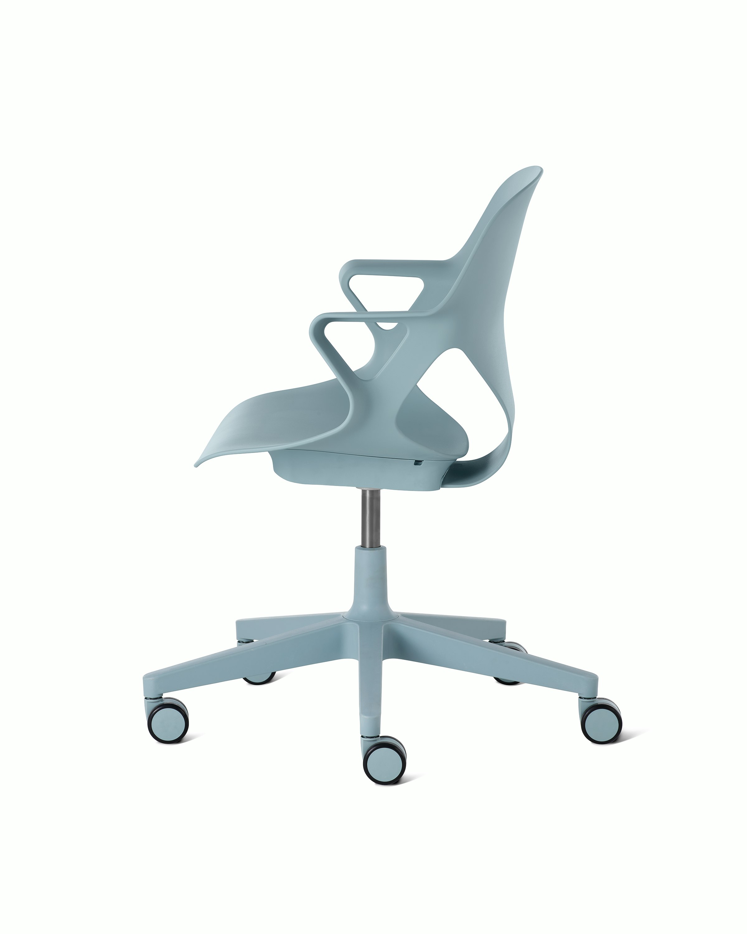 Side view of a light blue Zeph chair with fixed arms.