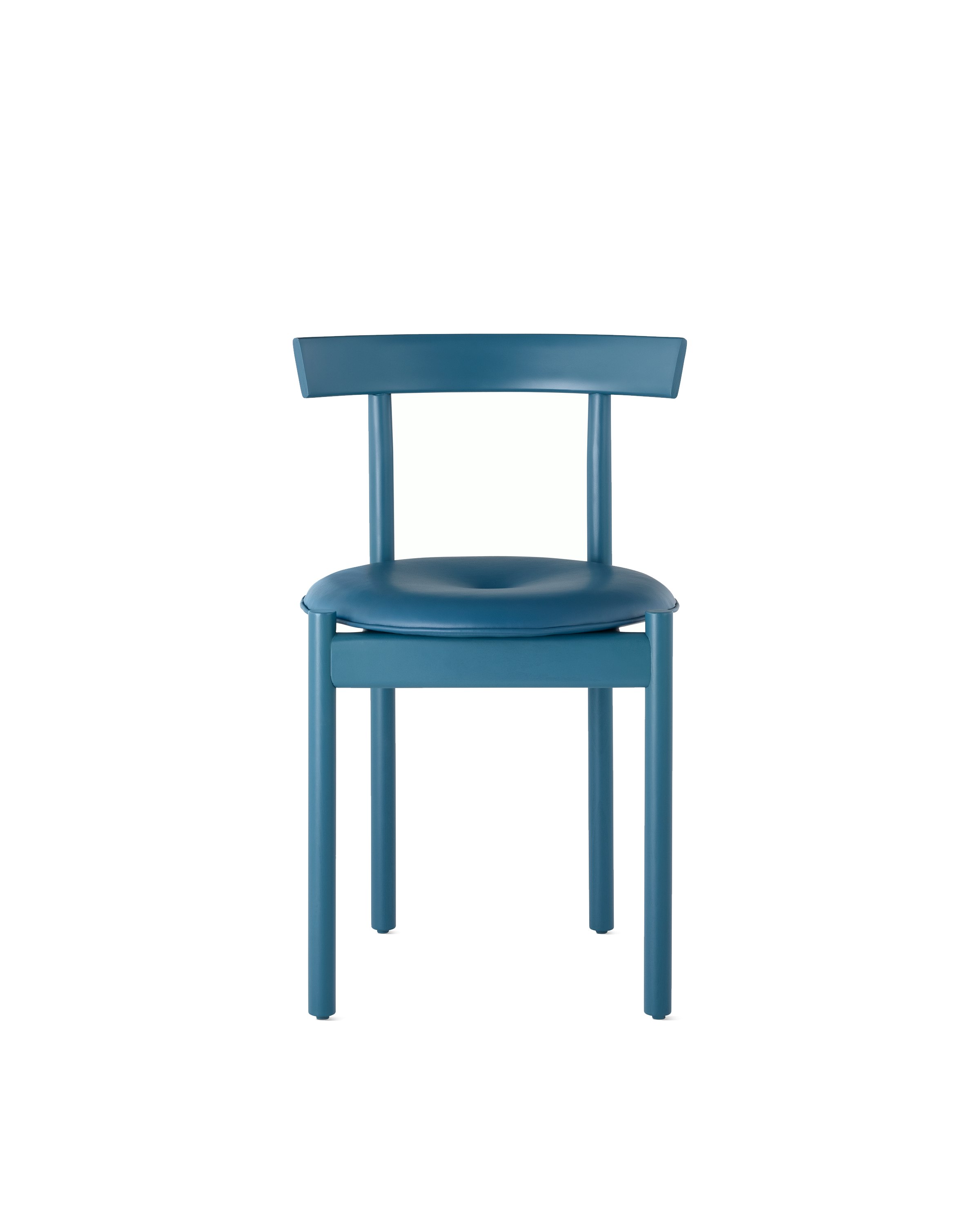 A blue Comma Chair with a seat pad, viewed from the front.