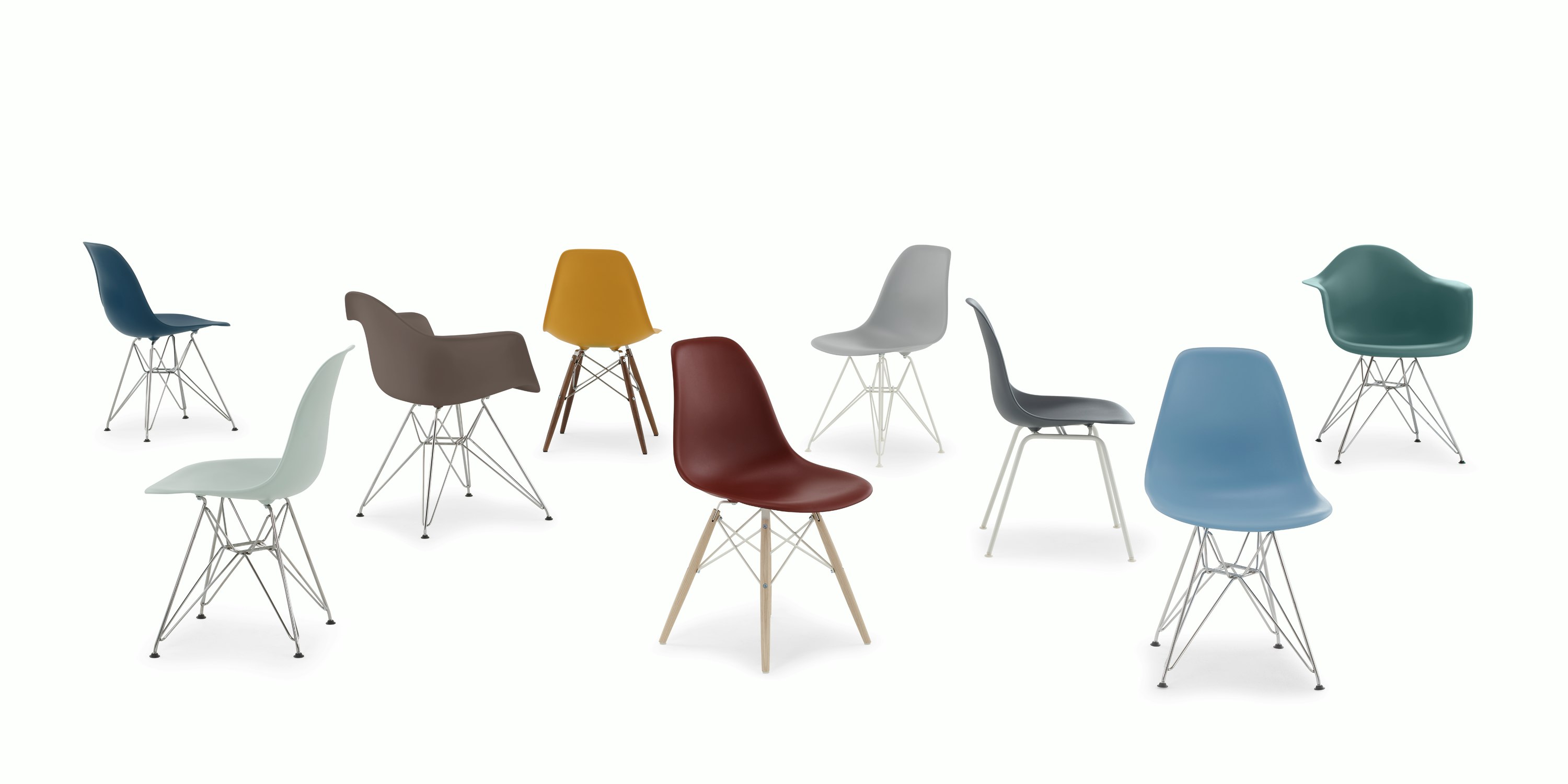 Group of Eames Molded Plastic Shell Chairs included blue green shell on wire base, grey green shell on wire base, cocoa armchair shell on wire base, deep yellow on dowels, brick red on dowels, light grey shell on wire, medium grey shell on 4 legs, pale blue on wire base, and evergreen molded armchair on wire base.