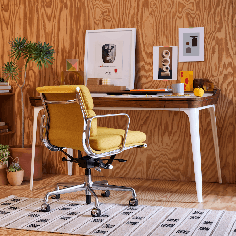 Airia Desk,  Nelson Face Print,  Eames Soft Pad Chair,  Koodi Flatweave Jute Rug,  Airia Media Cabinet