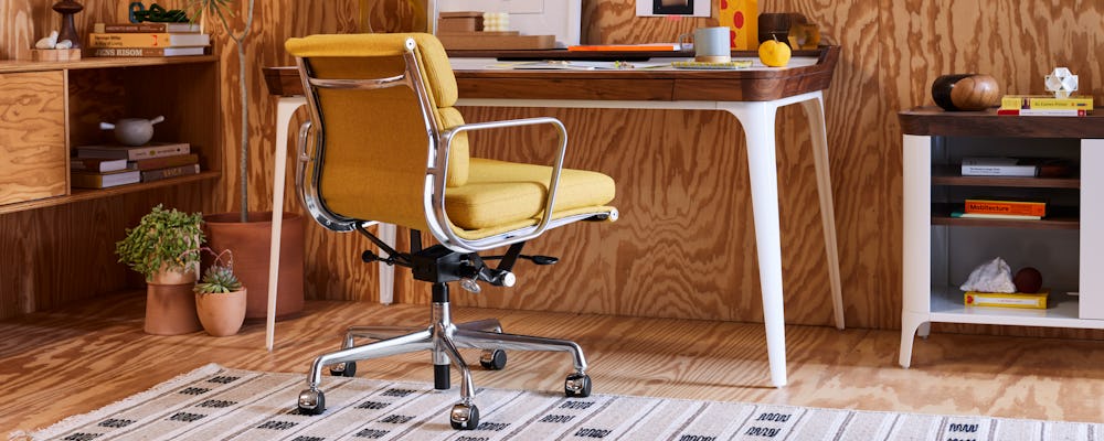 Airia Desk, Nelson Face Print, Eames Soft Pad Chair, Koodi Flatweave Jute Rug, Airia Media Cabinet