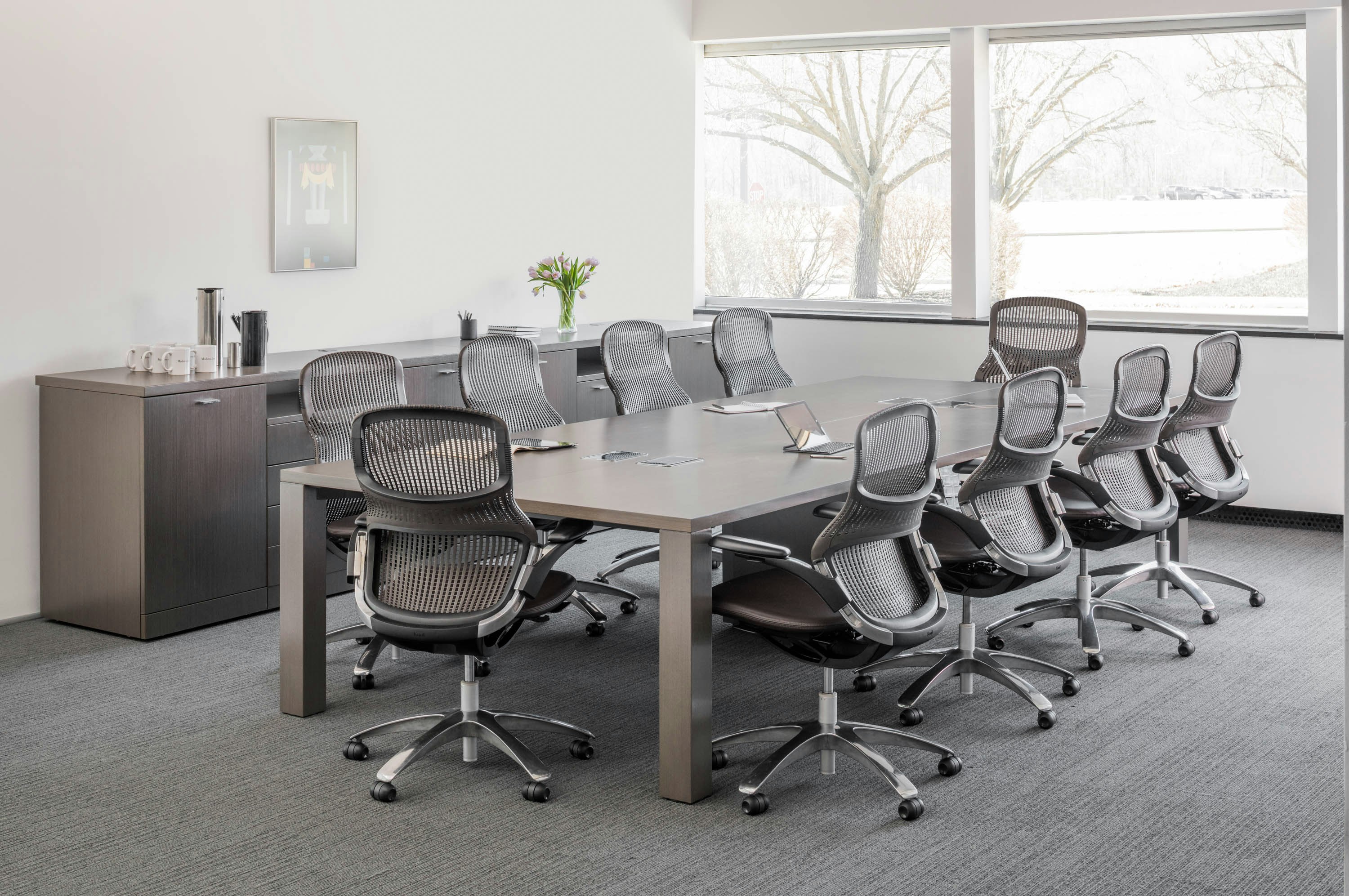 Knoll wood Reff Profiles conference table with ergonomic Generation by Knoll chairs