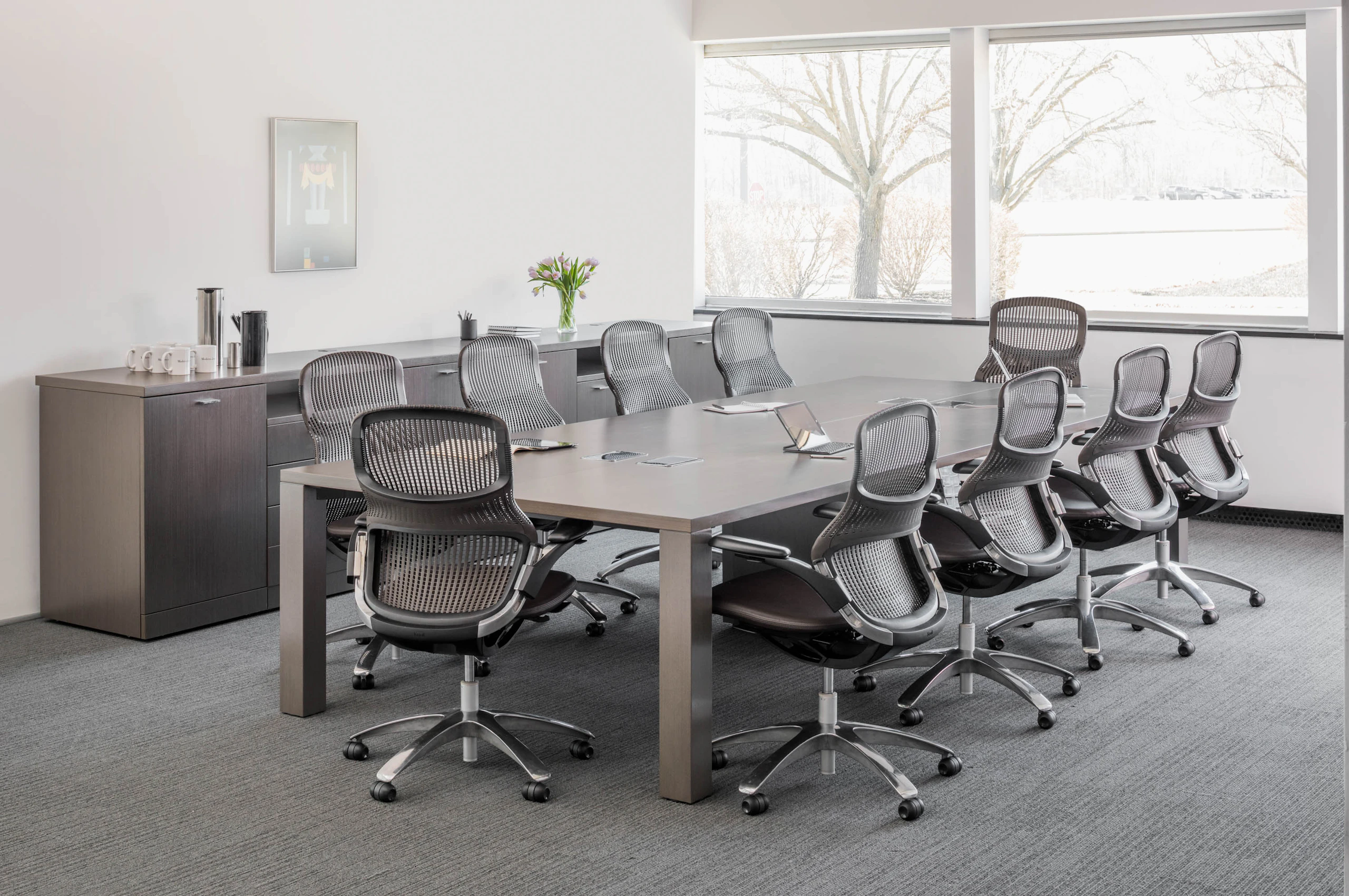 Knoll wood Reff Profiles conference table with ergonomic Generation by Knoll chairs