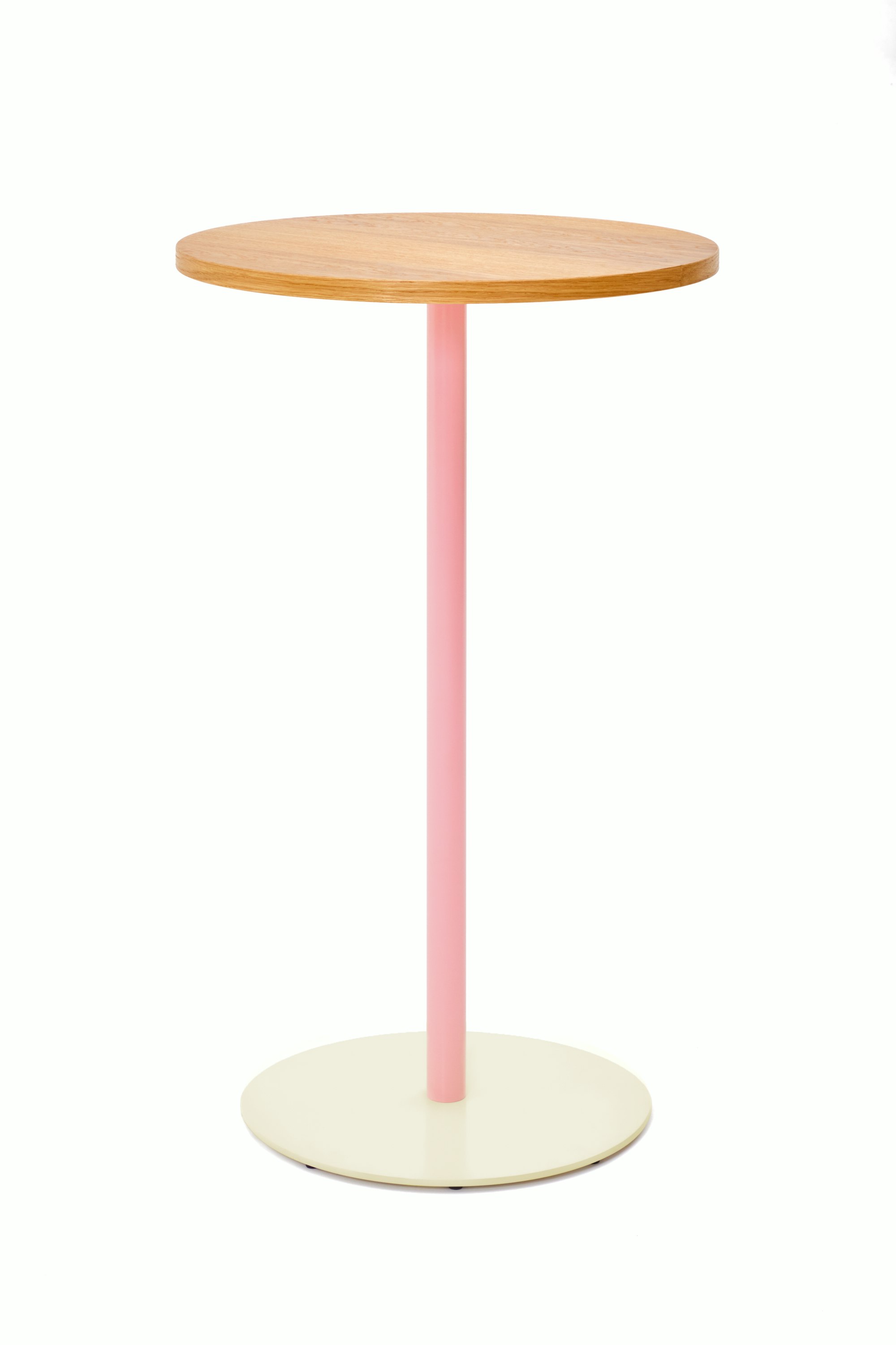 Front view of a round bar height Tier table with Oak veneer top, Light Pink stem and Oyster base.