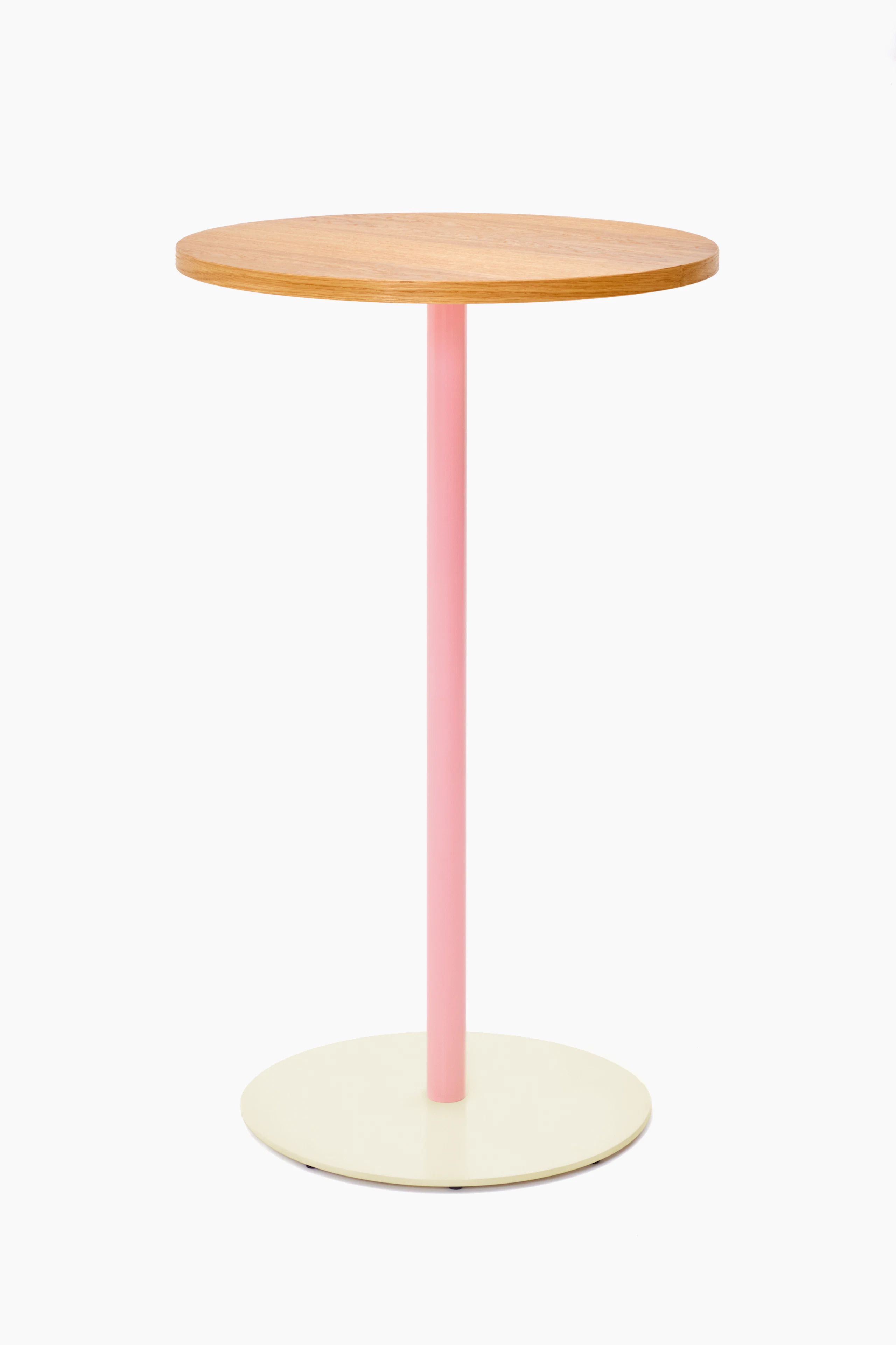 Front view of a round bar height Tier table with Oak veneer top, Light Pink stem and Oyster base.