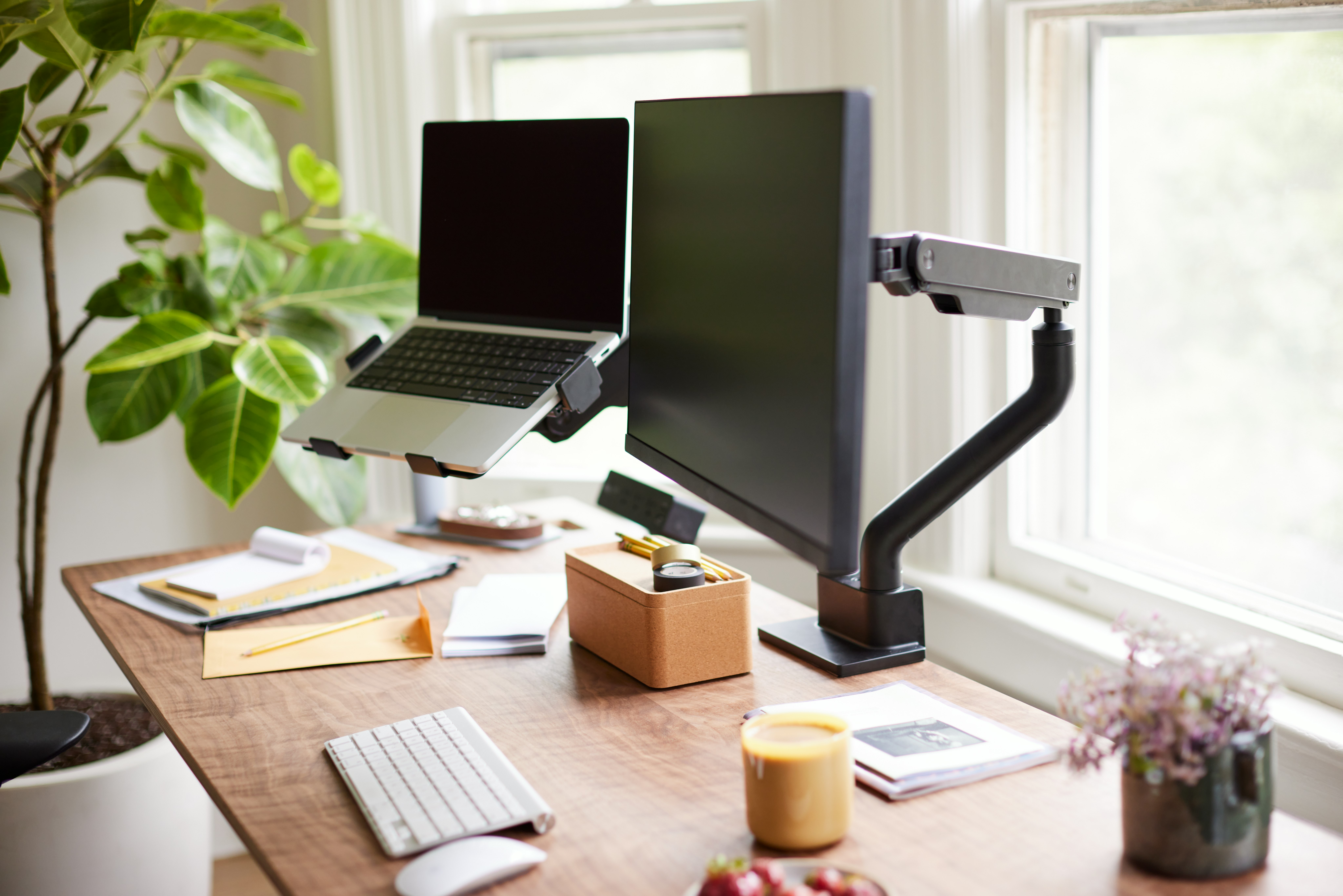 Jarvis Dual Monitor Arm in a home office setting