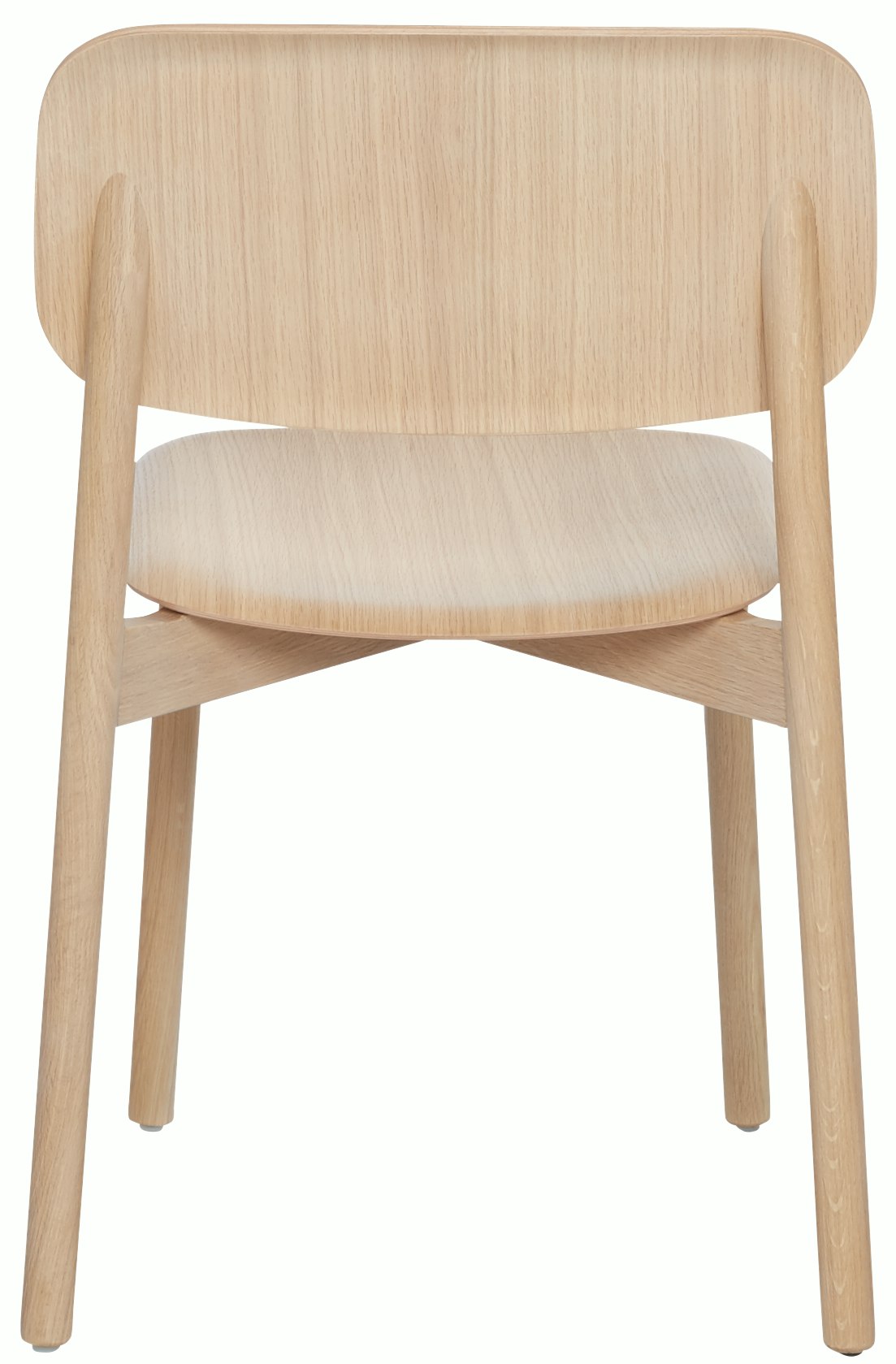 A matte lacquered oak Soft Edge 12 Side Chair viewed from the back