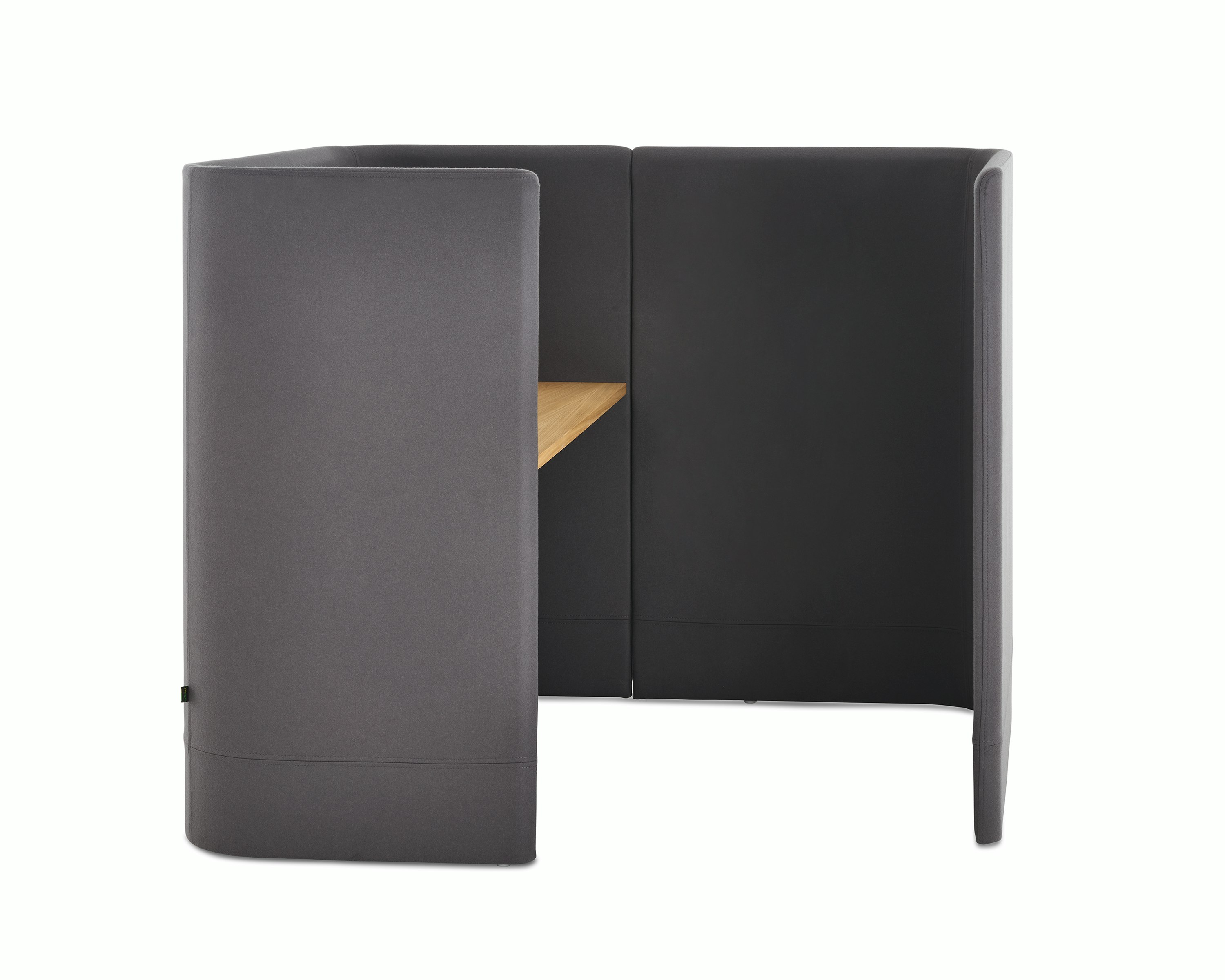 White sweep shot of Pullman Desk Pod in dark grey fabric, with an oak desk top.