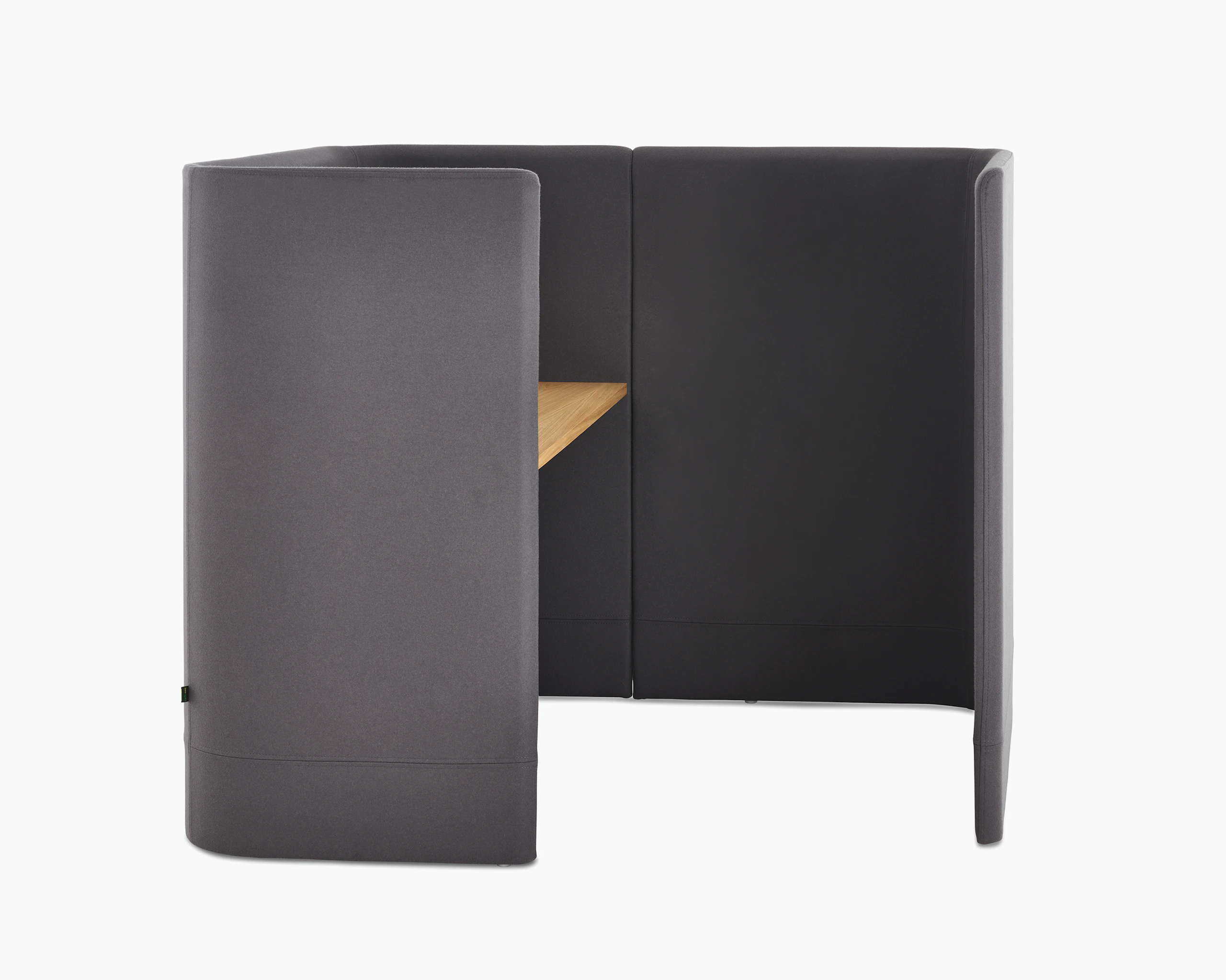 White sweep shot of Pullman Desk Pod in dark grey fabric, with an oak desk top.