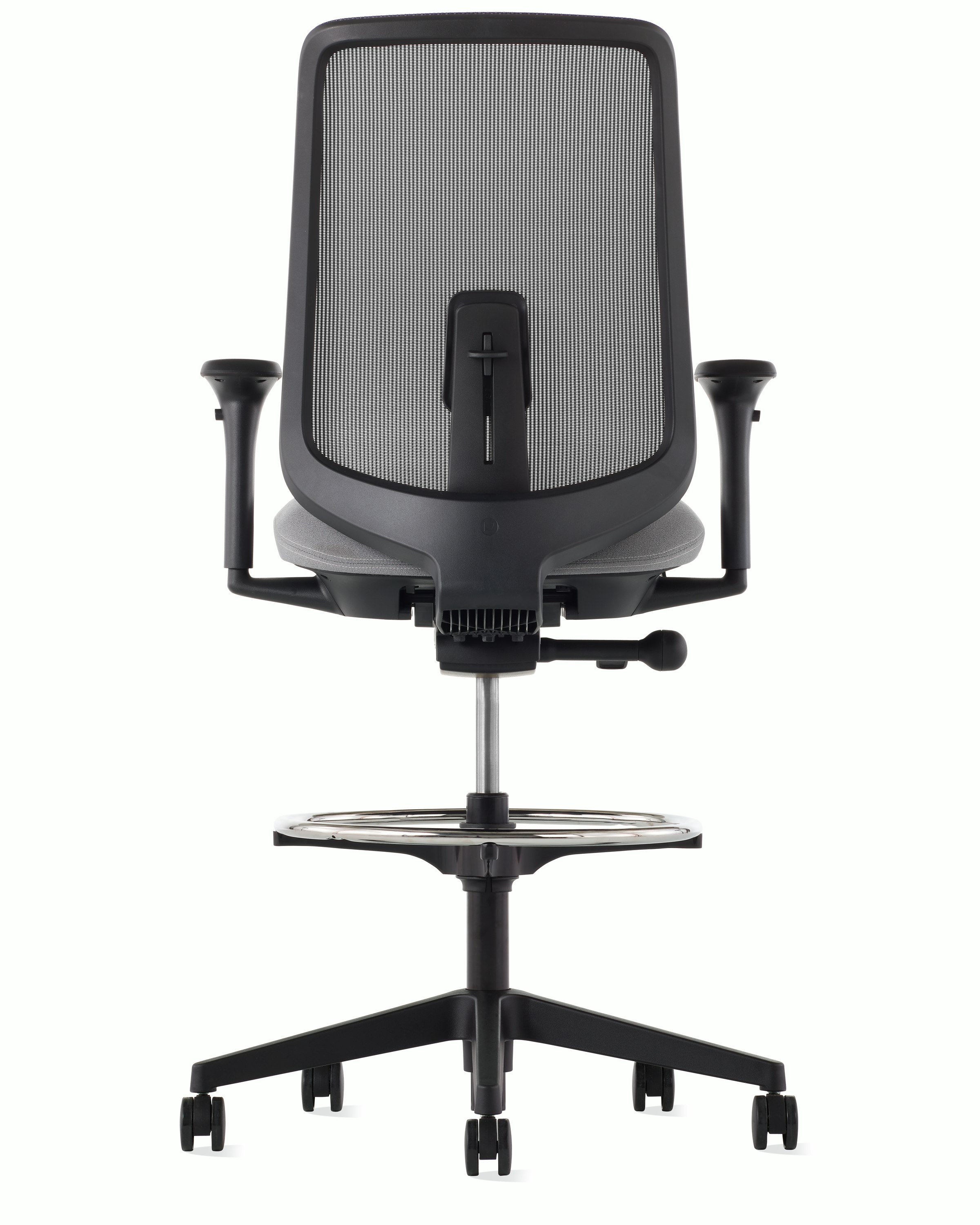 A black Verus Stool with a suspension back, grey seat and black frame viewed from the back.