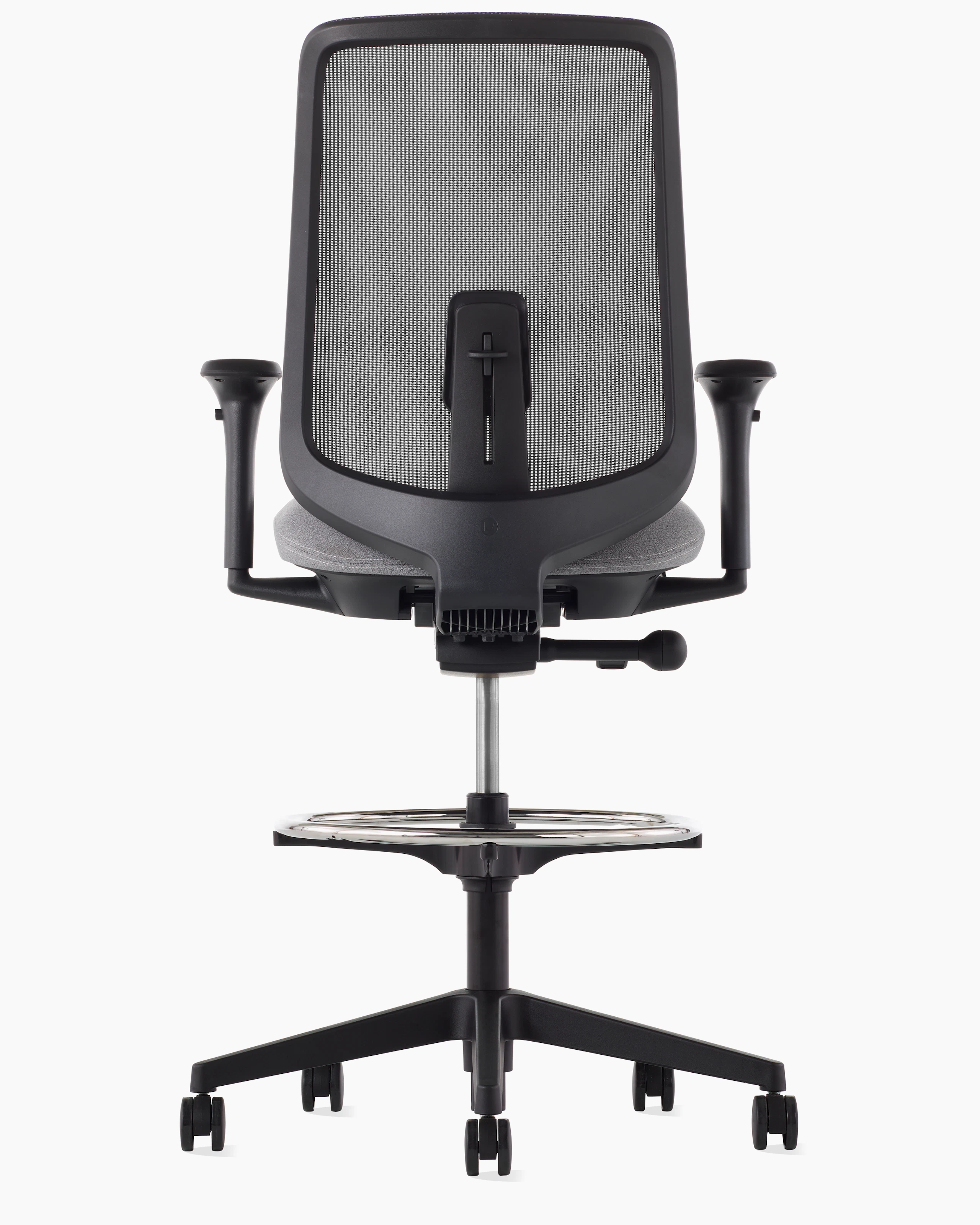 A black Verus Stool with a suspension back, grey seat and black frame viewed from the back.