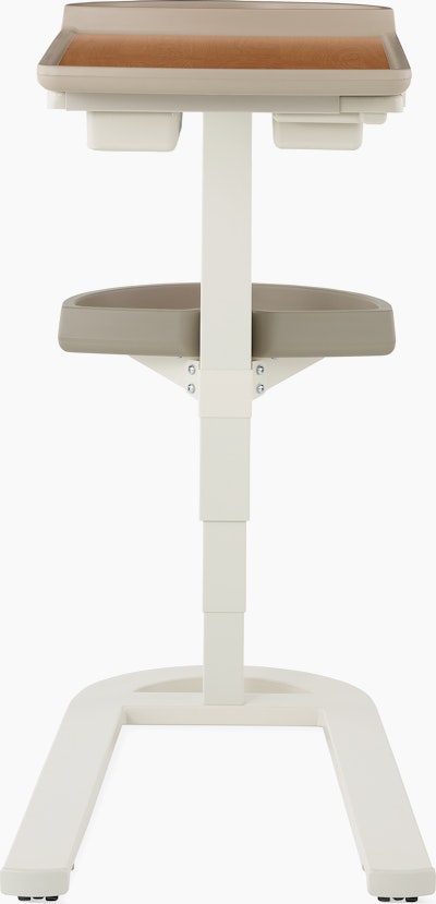 Front view of Mirage Overbed Table with laminate top and tray with urethane edge with a U-base in a light gray finish.