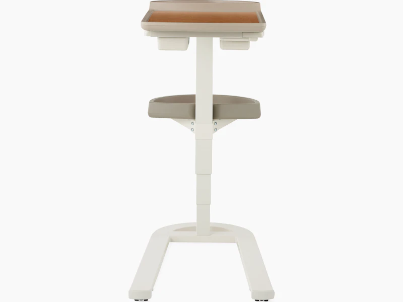 Front view of Mirage Overbed Table with laminate top and tray with urethane edge with a U-base in a light gray finish.