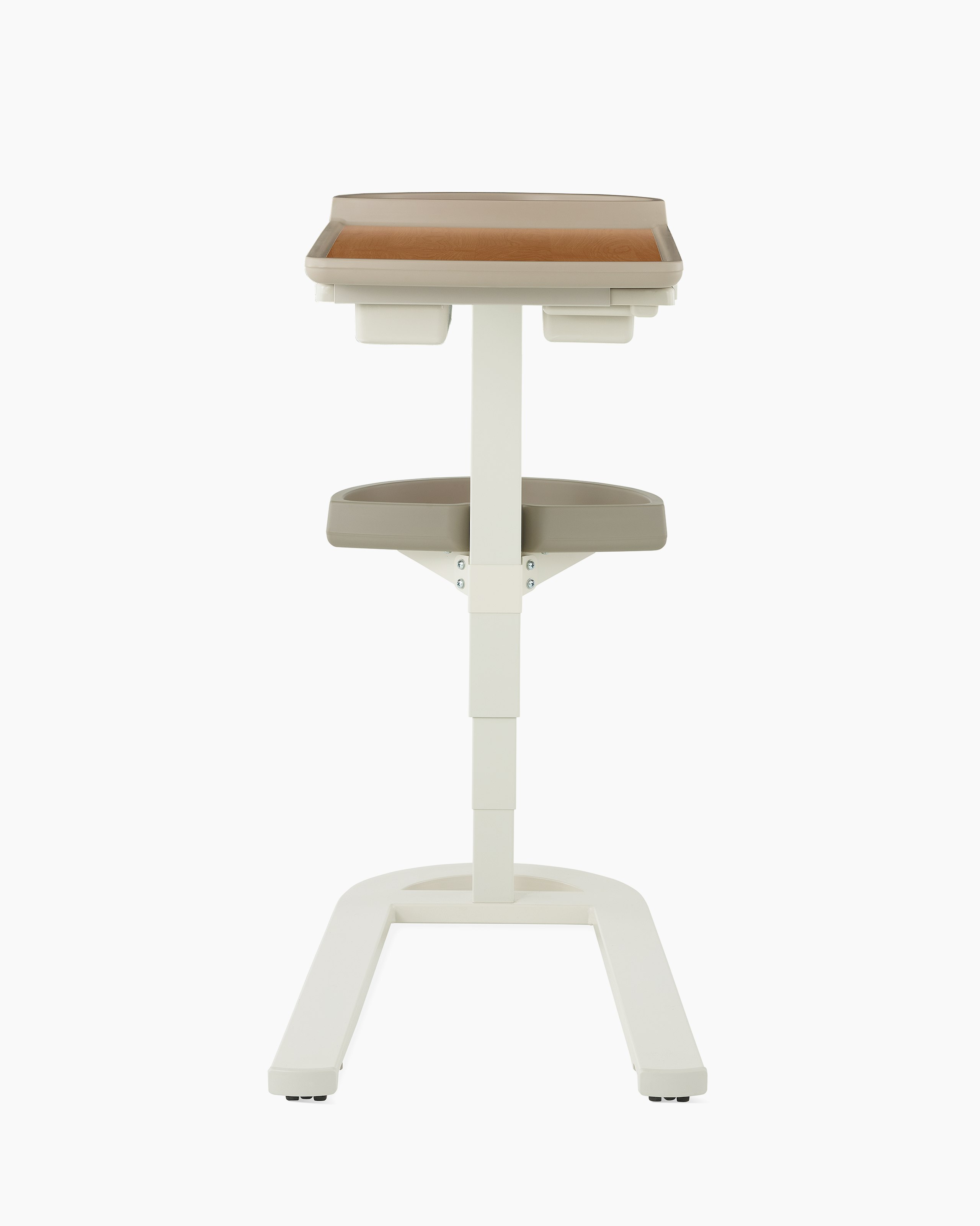 Front view of Mirage Overbed Table with laminate top and tray with urethane edge with a U-base in a light gray finish.