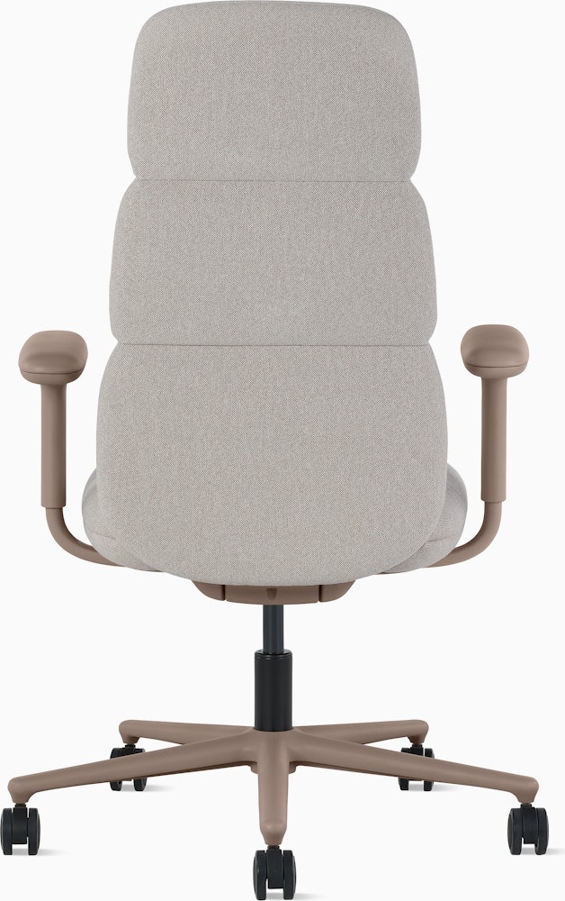 Rear view of a high-back Asari chair by Herman Miller in light brown with height adjustable arms.