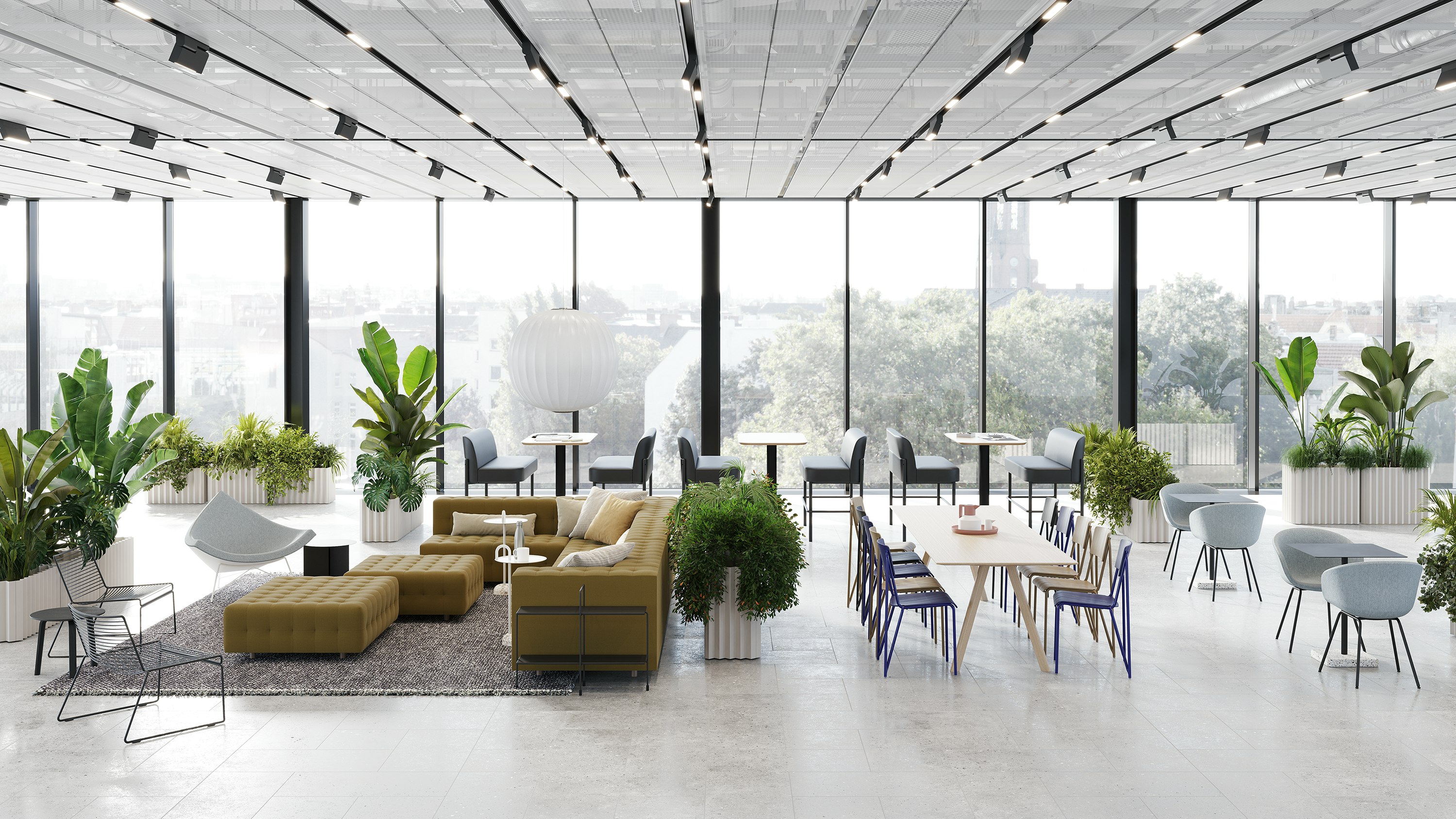 A modern hub setting featuring various lounge and work settings with products from Herman Miller, HAY, naughtone, Geiger, and Magis.