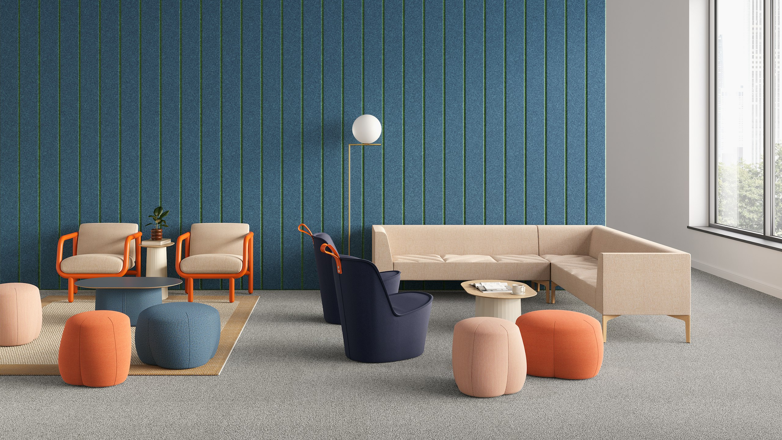 A lounge setting with Percy Lounge Chairs, Pippin Chairs, Hatch Modular seating and an acoustic wall. A range of Truffle Poufs in a mix of sizes and colours are scattered throughout.