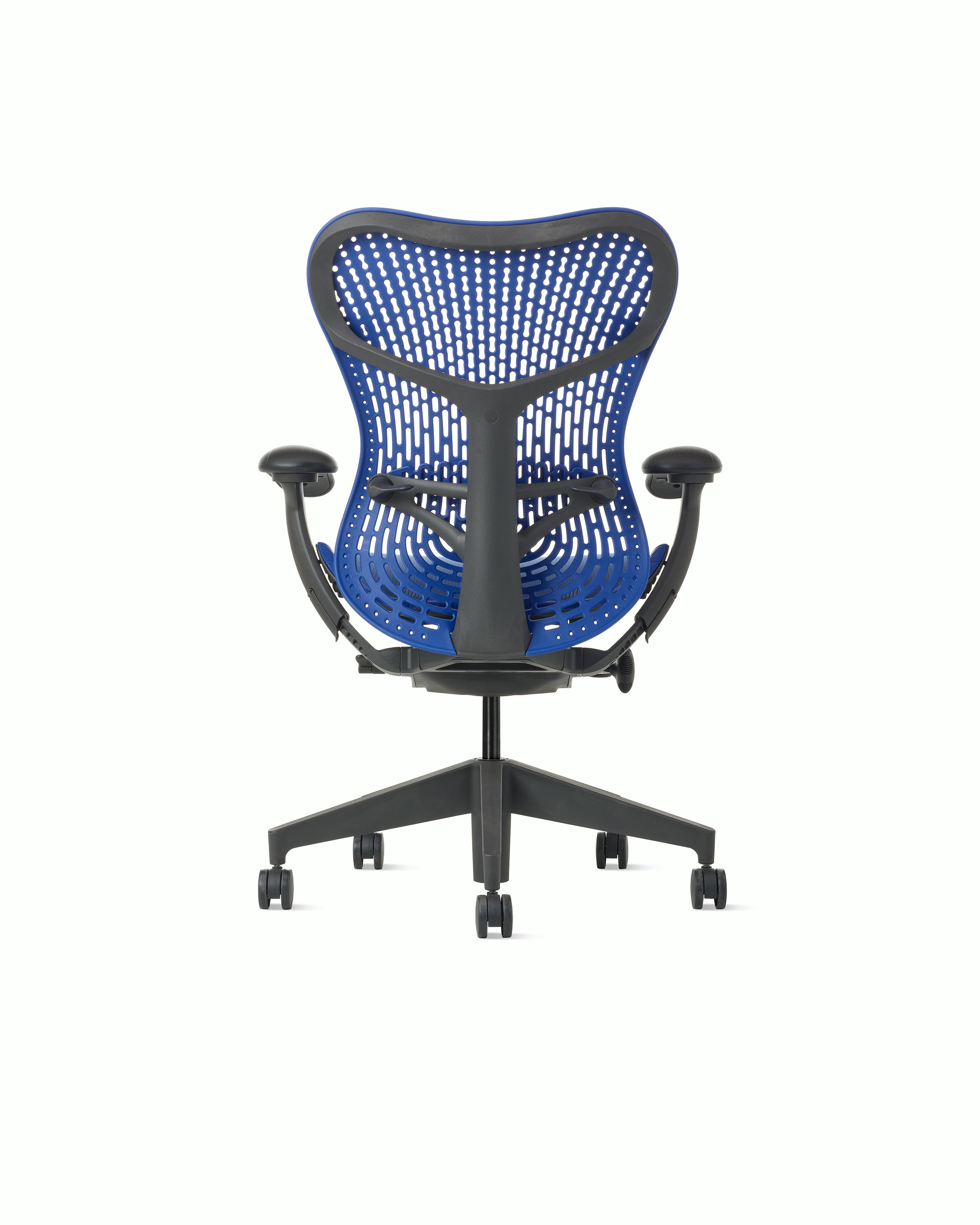 Back  view of a Mirra 2 chair with a Triflex back in ultramarine blue.