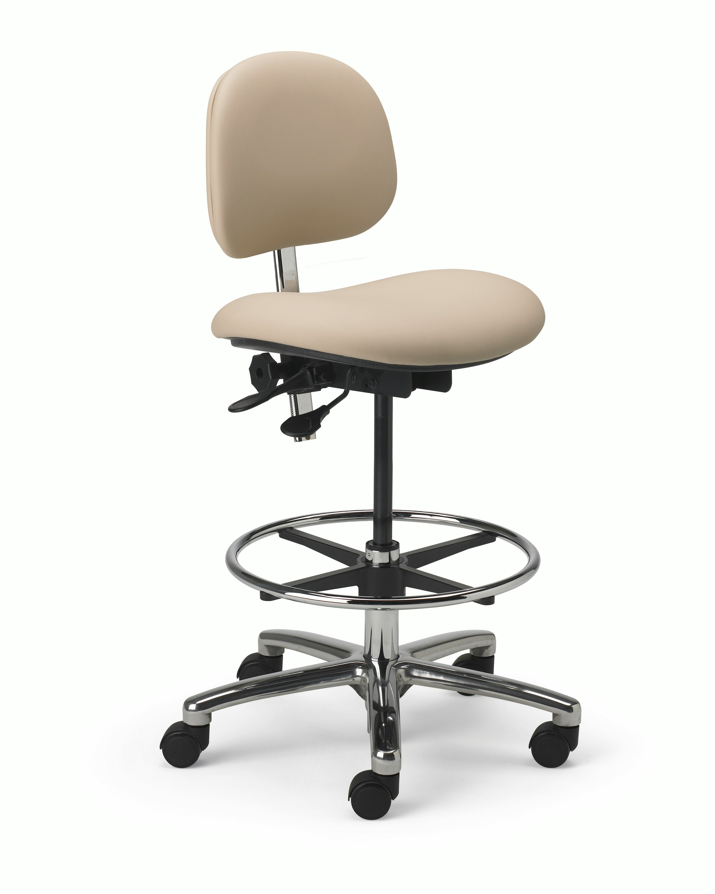 Lab Stool in a beige upholstered seat and back and a chrome base with dual lever adjustment, footrest, and a 5-star base with casters.