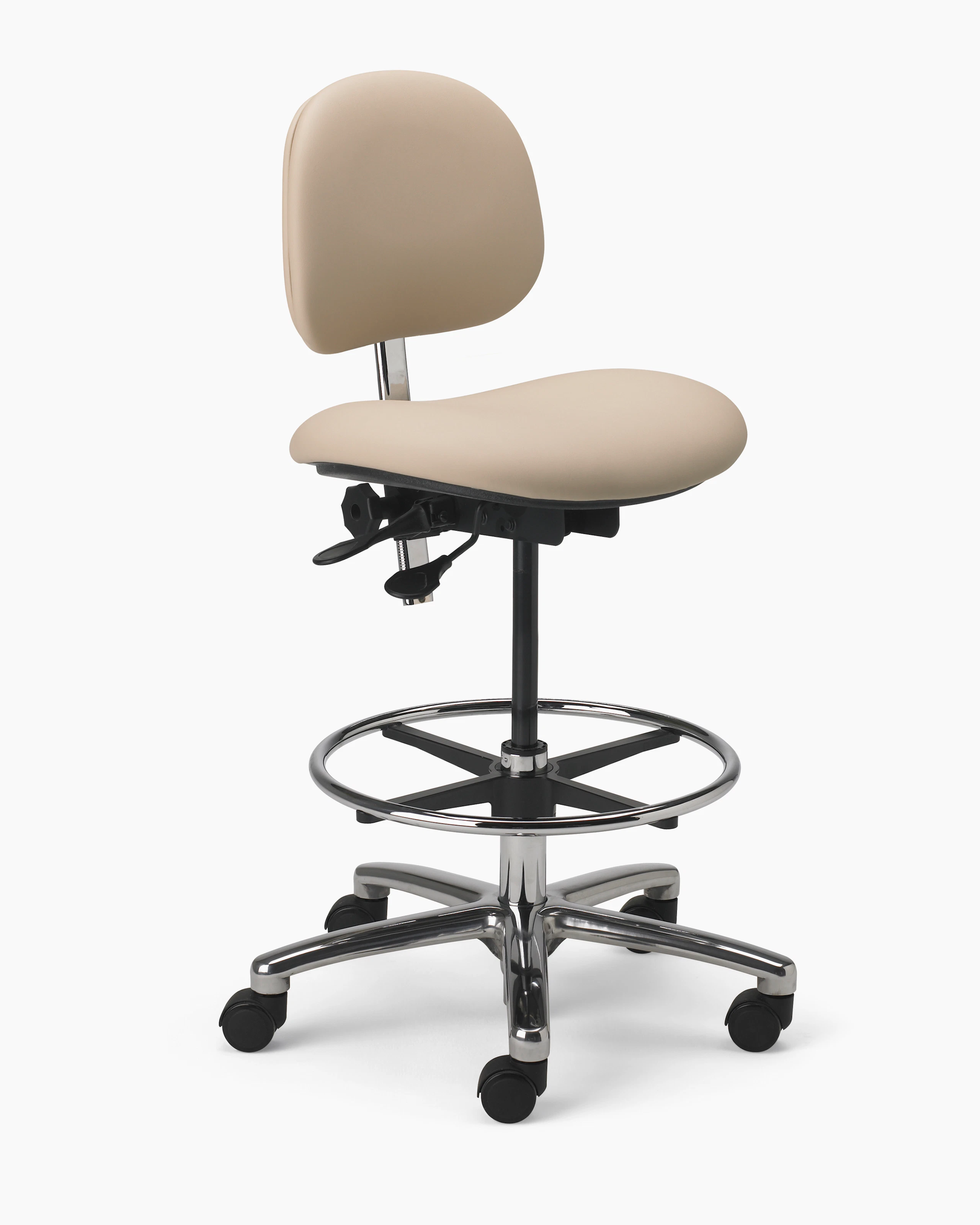 Lab Stool in a beige upholstered seat and back and a chrome base with dual lever adjustment, footrest, and a 5-star base with casters.