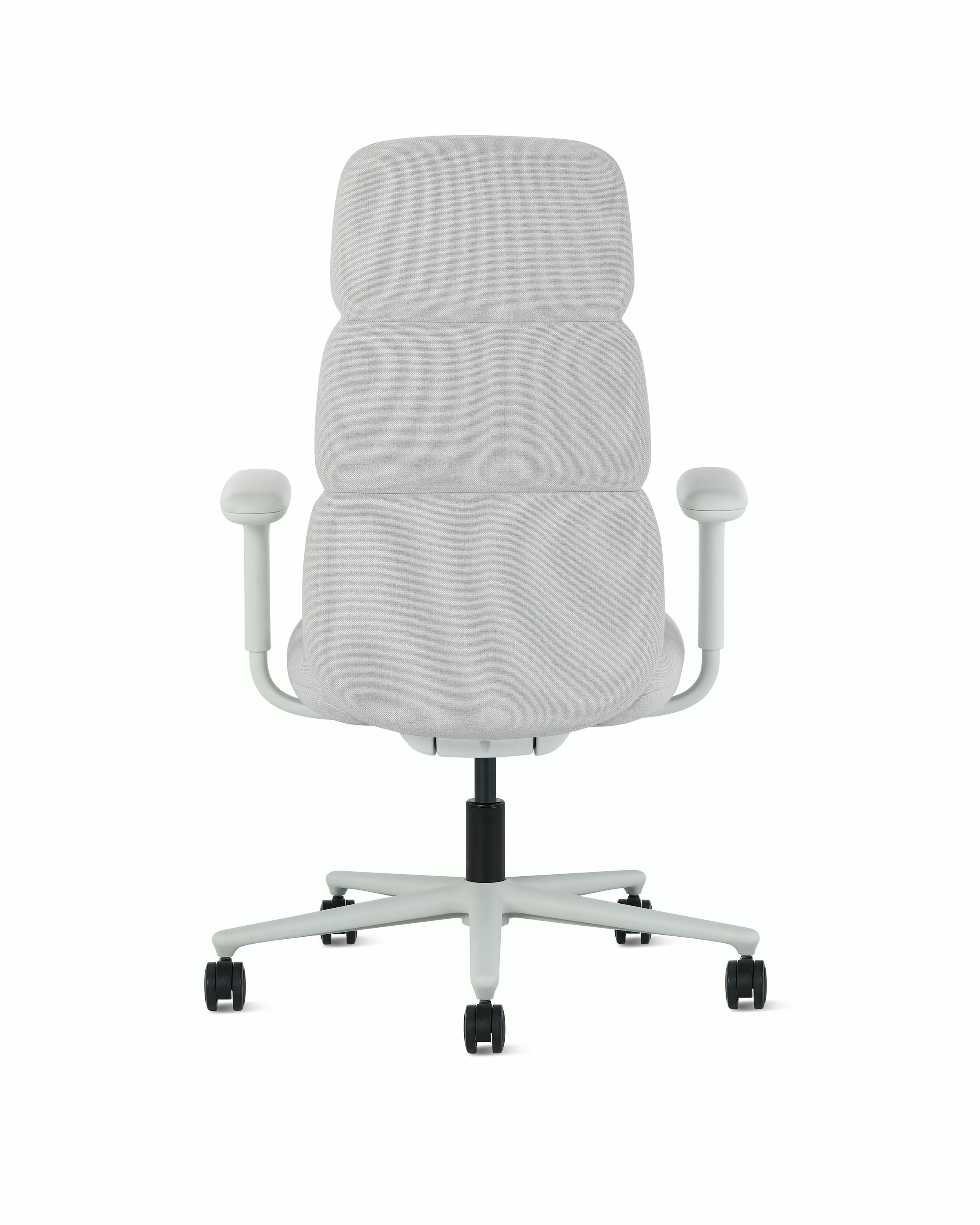 Rear view of a high-back Asari chair by Herman Miller in light grey with height adjustable arms.