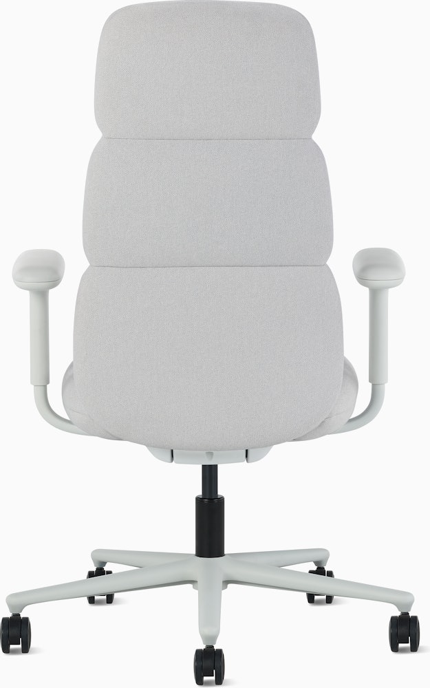 Rear view of a high-back Asari chair by Herman Miller in light grey with height adjustable arms.
