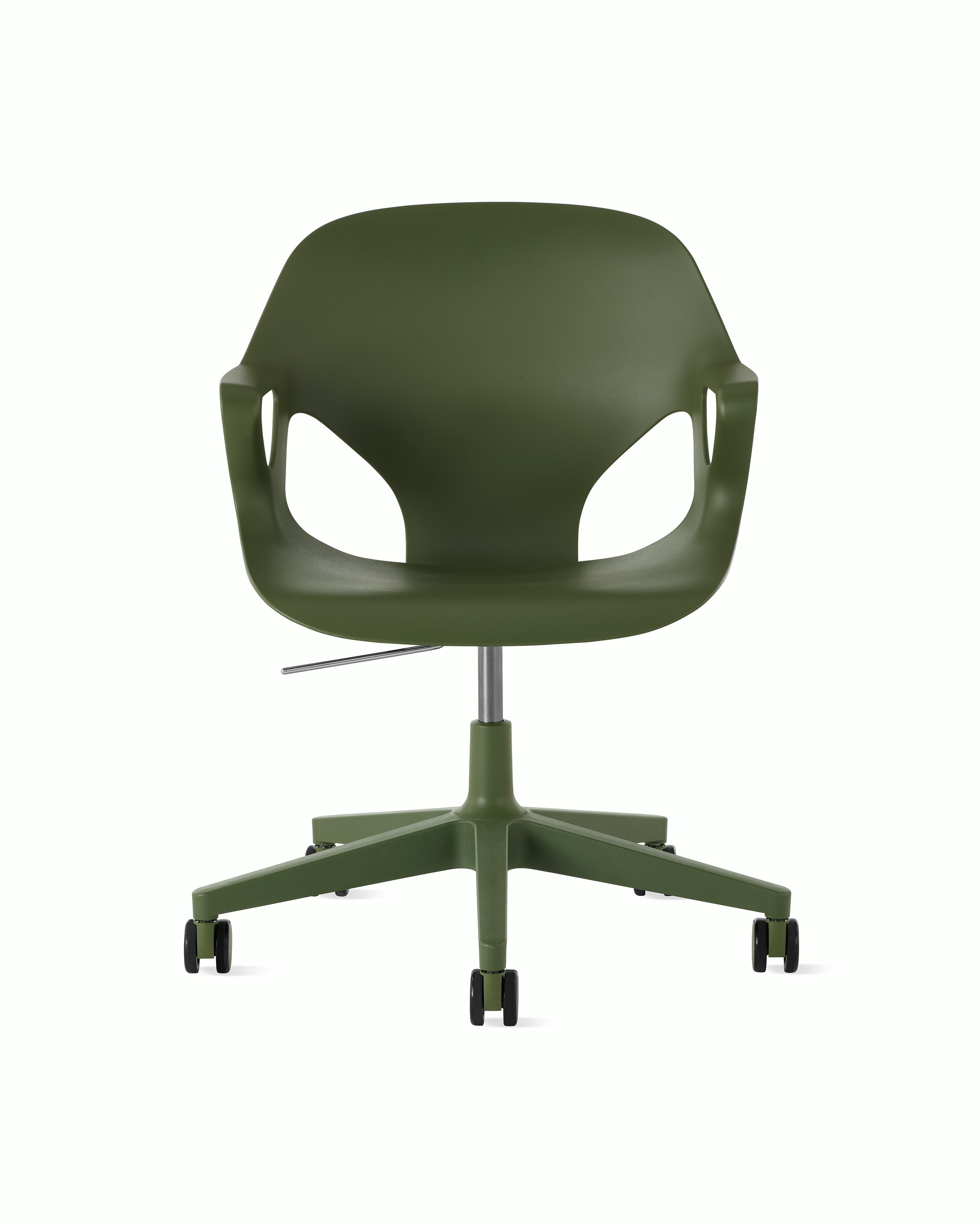 Front view of a Zeph chair with fixed arms in olive.