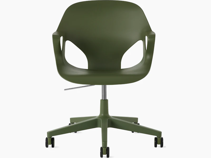 Front view of a Zeph chair with fixed arms in olive.