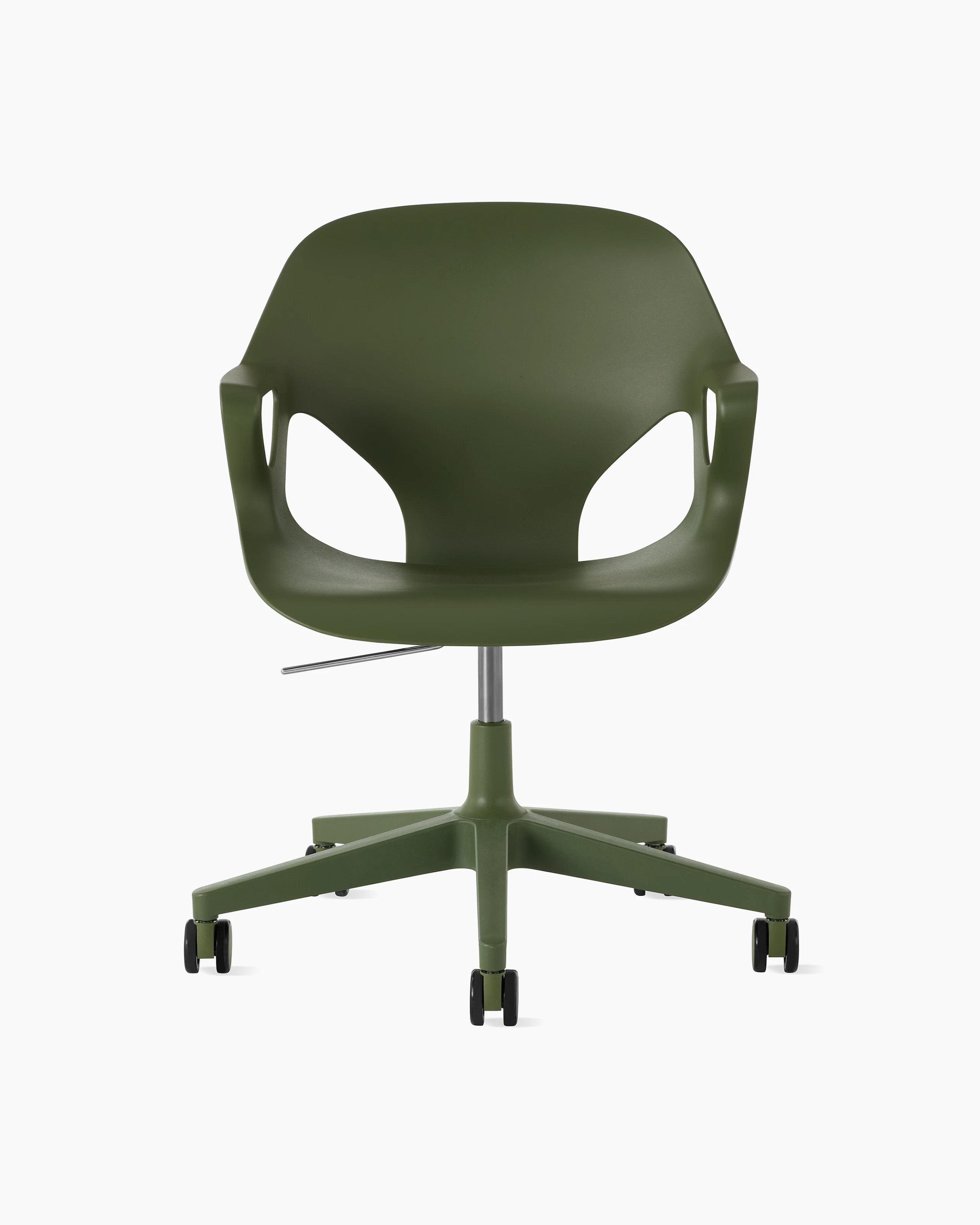 Front view of a Zeph chair with fixed arms in olive.