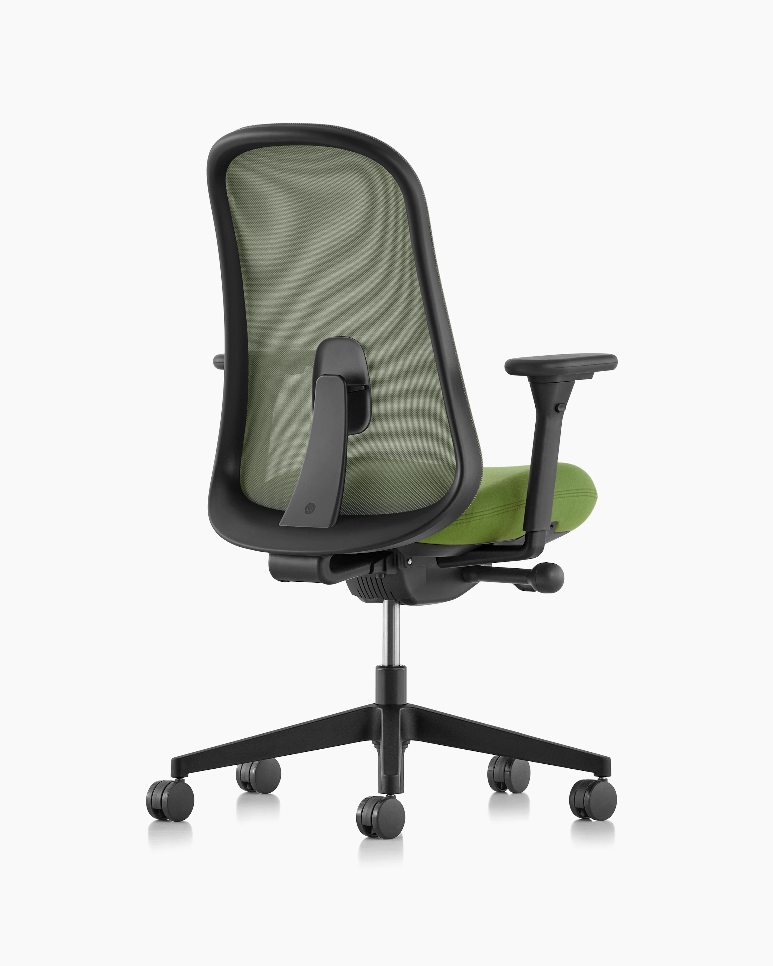Black and green Lino Chair with adjustable sacral lumbar support, viewed from a 45-degree angle.