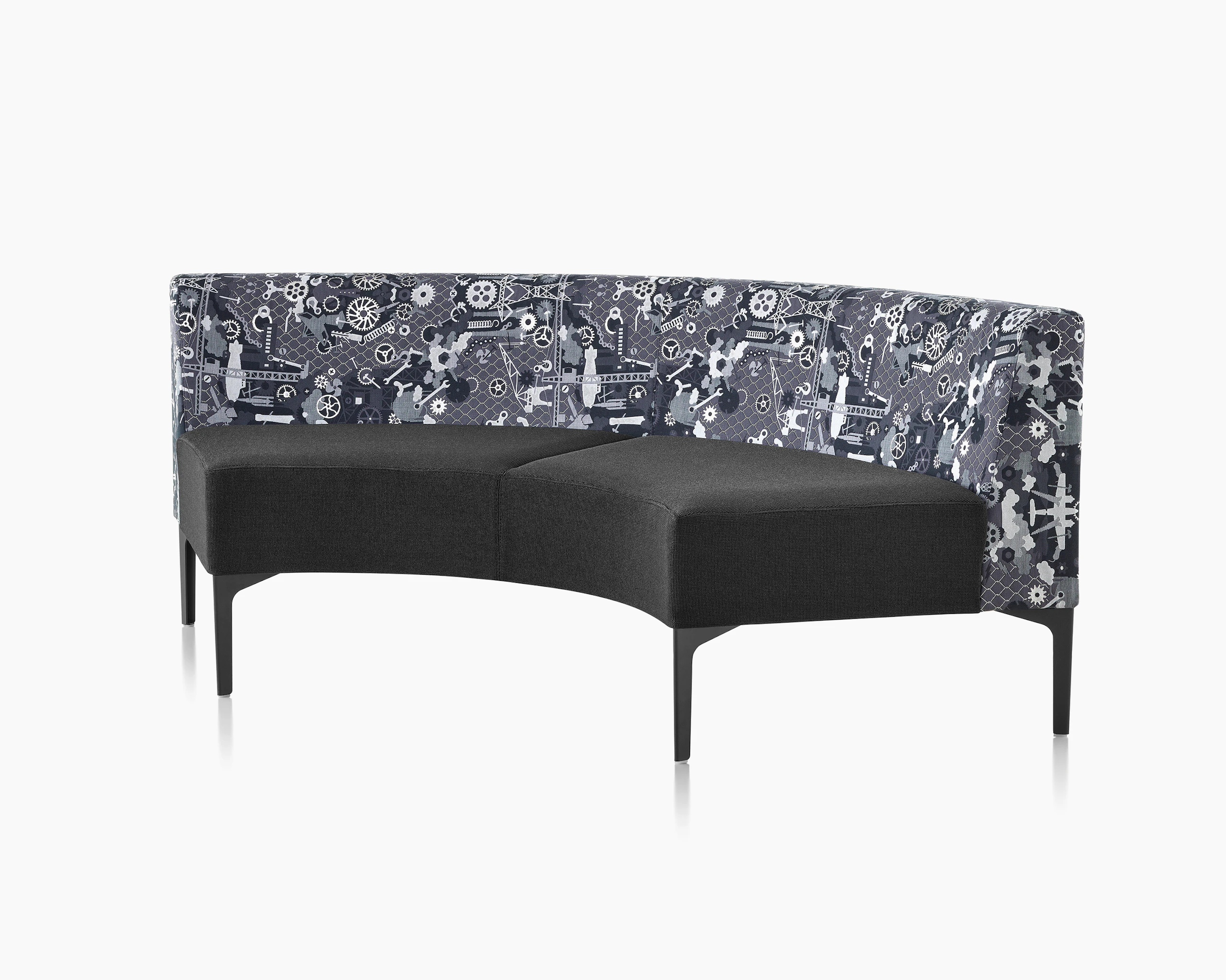A Symbol 90 Degree Seat in black and Maharam Industry textiles with black steel legs.