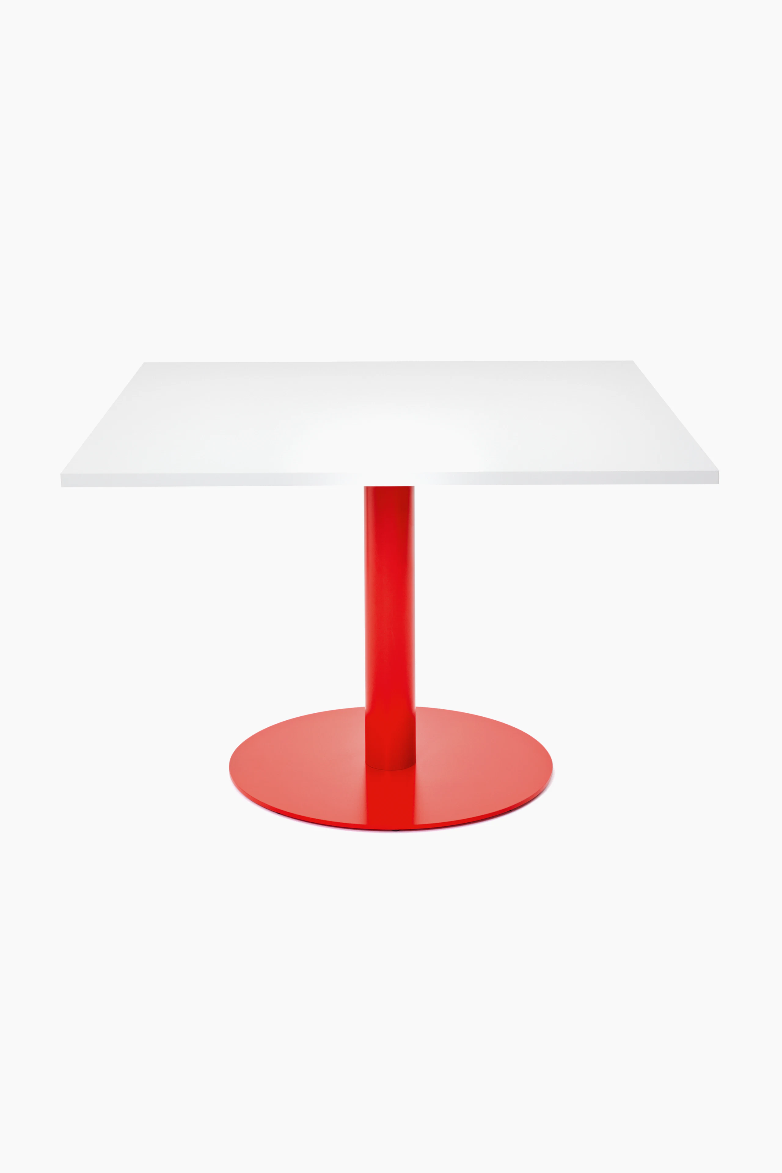 Front view of a square Tier table with White top and Traffic Red stem and base.