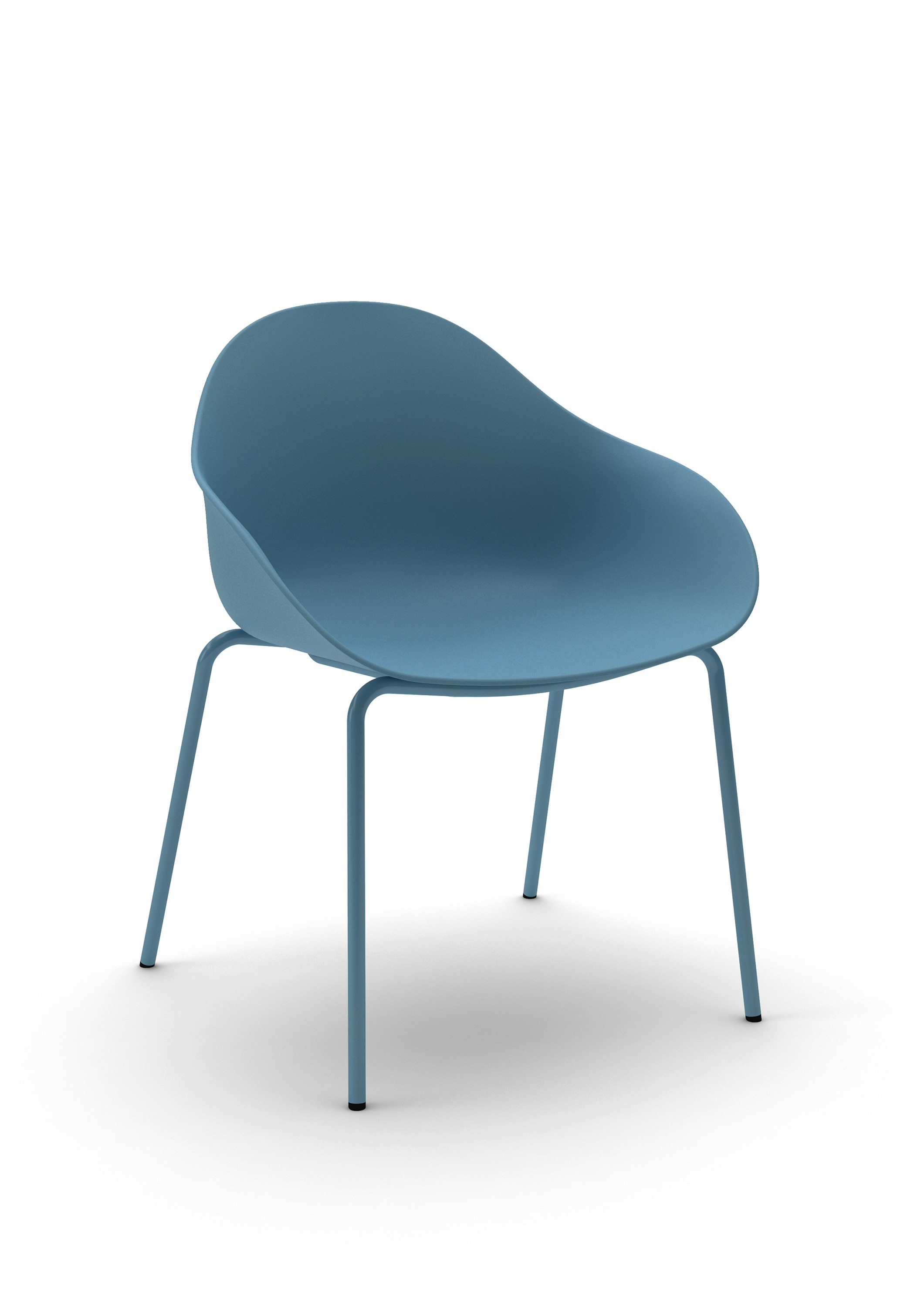 Three-quarter view of a blue Ruby Side Chair shell on matching 4-leg base.