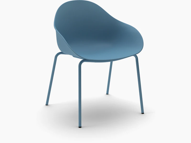 Three-quarter view of a blue Ruby Side Chair shell on matching 4-leg base.