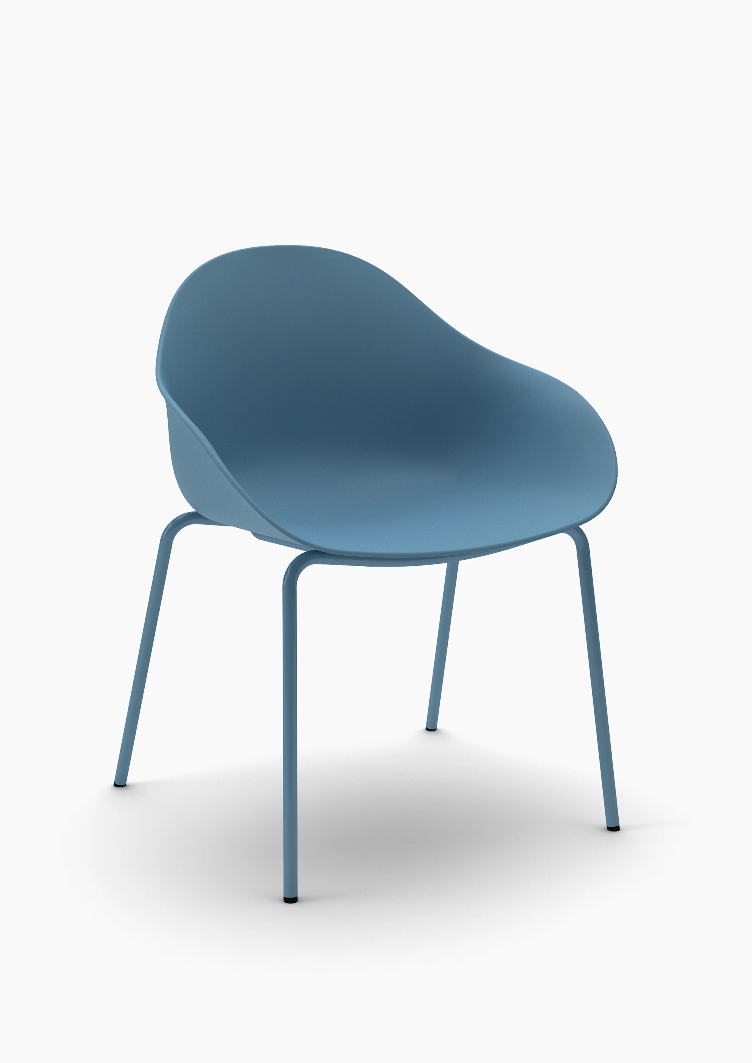 Three-quarter view of a blue Ruby Side Chair shell on matching 4-leg base.